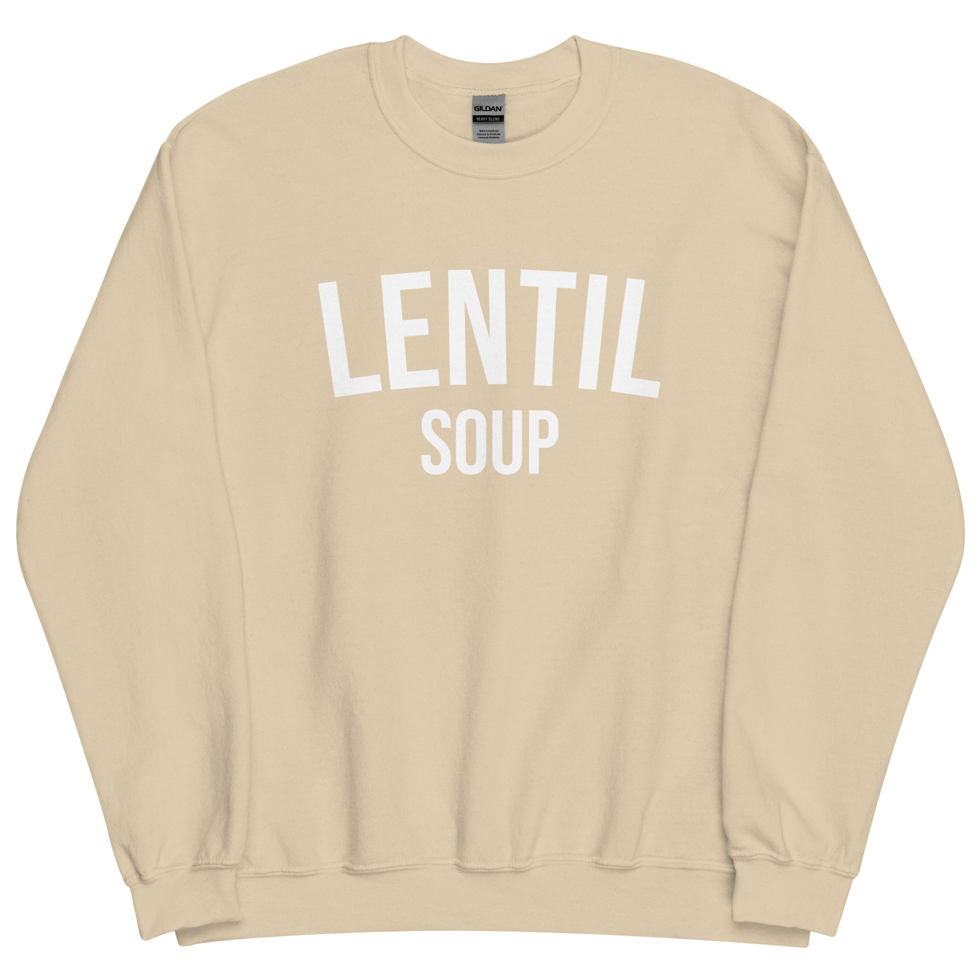 Beige Lentil Soup Sweatshirt from Nina's Funky Shop by ninanush - Do you love lentil soup? Looking for a funny gift? Our Lentil Soup Crewneck Sweatshirt is just what you need. It's a unisex soup lover sweatshirt with "lentil soup" on the front. A funny foodie sweatshirt for soup enthusiasts and a quirky sweatshirt foodies of all kinds. This varsity style sweatshirt is designed by Nina and made just for you.