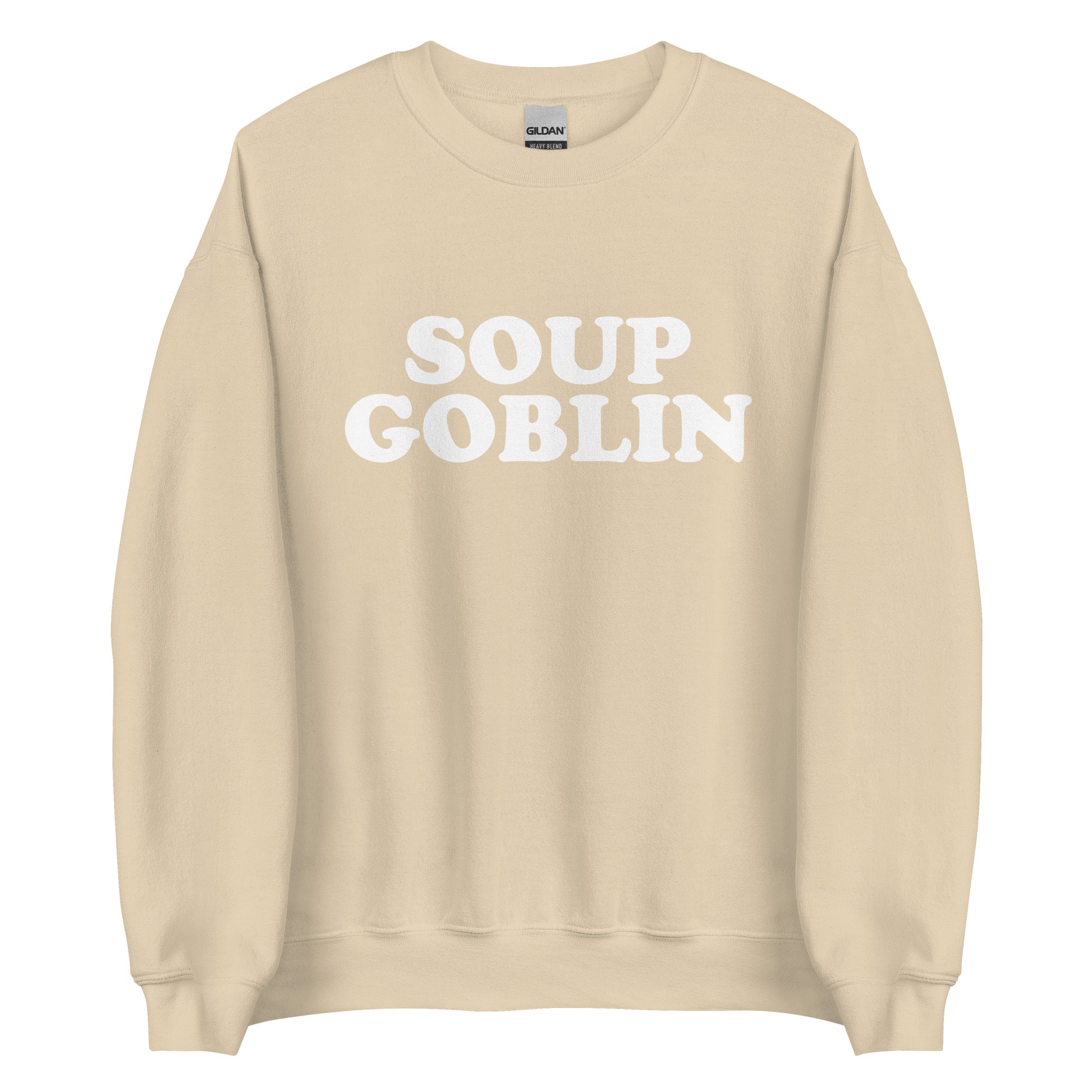 Beige Soup Goblin Sweatshirt from Nina's Funky Shop by ninanush - Are you a soup goblin? Looking for a funny foodie gift? Our Soup Goblin Crewneck Sweatshirt is soft, comfortable and just what you need. It's a unisex soup sweatshirt with "soup goblin", expertly printed on the front. A funny foodie sweatshirt for soup enthusiasts and a quirky sweatshirt for everyday streetwear.