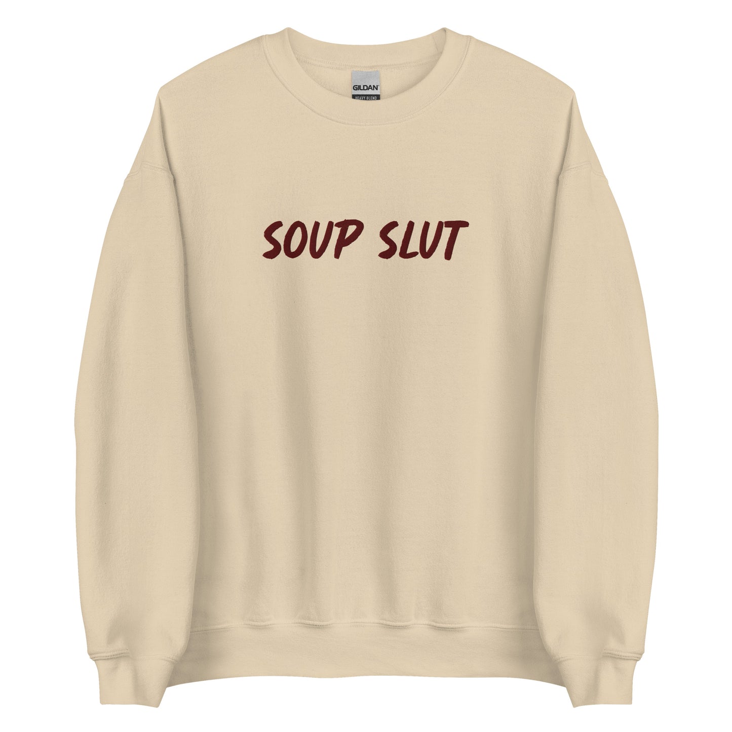 Beige Embroidered Soup Slut Sweatshirt from Nina's Funky Shop by ninanush - Do you love soup? Looking for a funny gift? Our Soup Slut Embroidered Crewneck Sweatshirt is just what you need. It's a unisex soup sweatshirt with "soup slut" on the front. A funny foodie sweatshirt for cozy nights in or stand out streetwear for soup enthusiasts. This embroidered soup sweatshirt is made just for you.