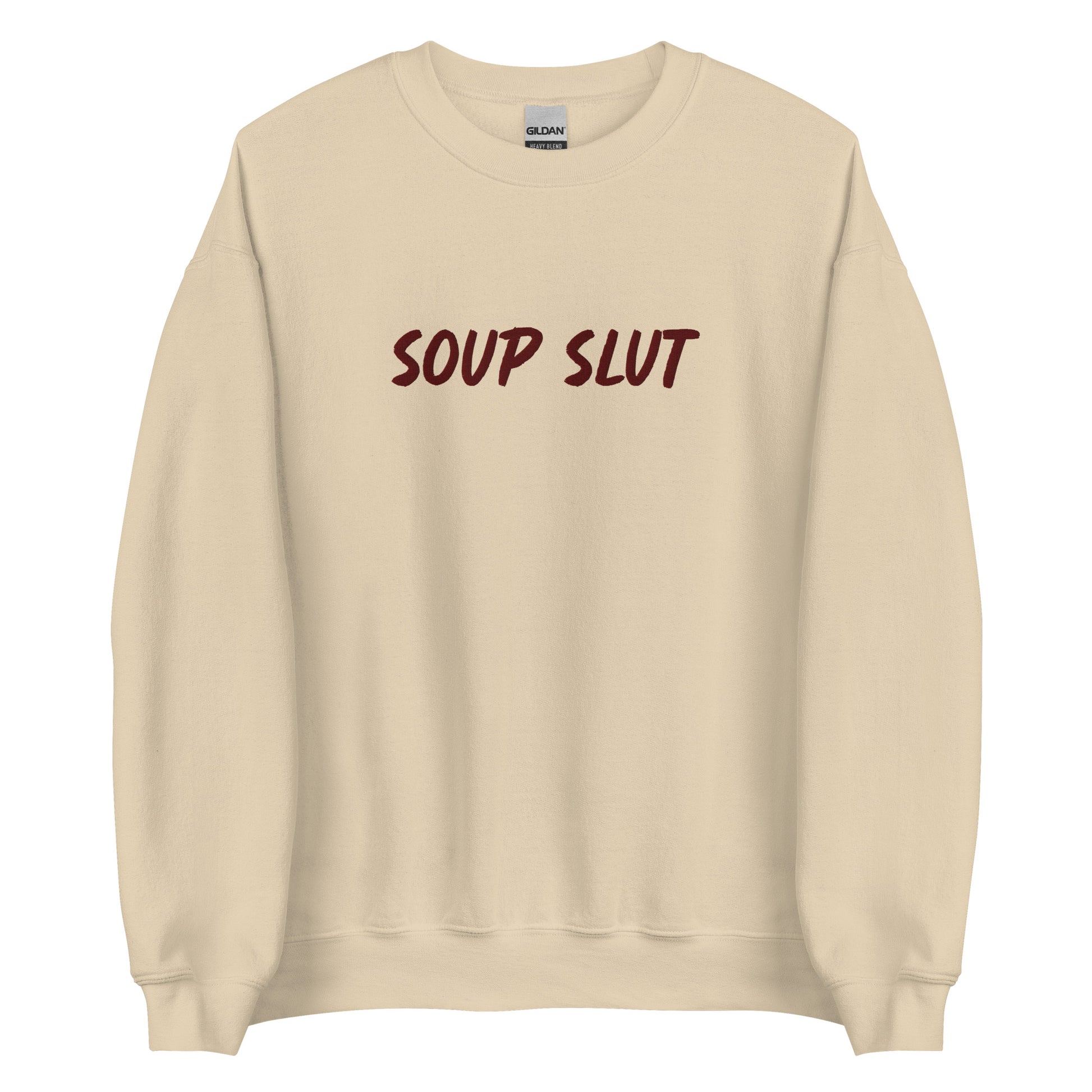 Beige Embroidered Soup Slut Sweatshirt from Nina's Funky Shop by ninanush - Do you love soup? Looking for a funny gift? Our Soup Slut Embroidered Crewneck Sweatshirt is just what you need. It's a unisex soup sweatshirt with "soup slut" on the front. A funny foodie sweatshirt for cozy nights in or stand out streetwear for soup enthusiasts. This embroidered soup sweatshirt is made just for you.