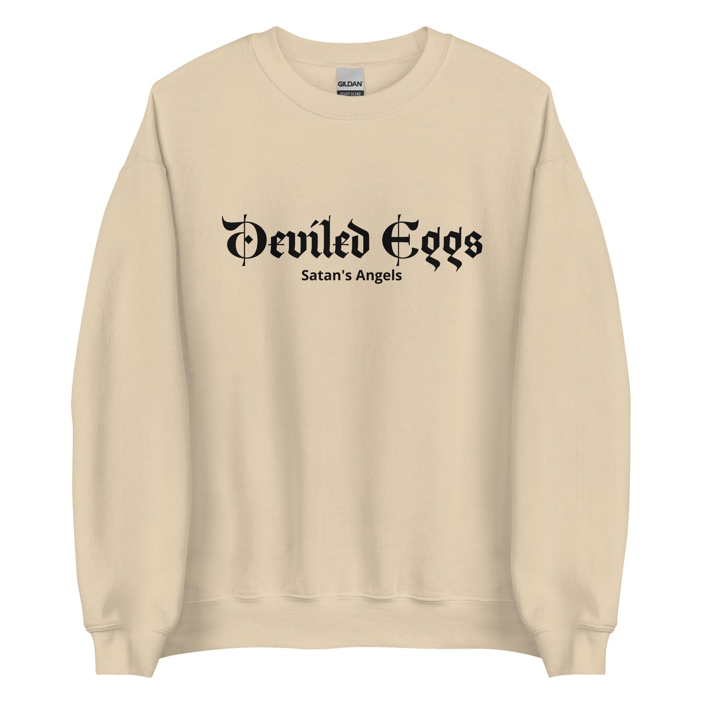 Beige Deviled Eggs Crewneck Sweatshirt from Nina's Funky Shop by ninanush - Do you love deviled eggs? Looking for a funny foodie gift? Our Deviled Eggs Crewneck Sweatshirt is soft, comfortable and just what you need. It's a unisex sweatshirt that comes in a variety of colors with "Deviled Eggs Satan's Angels", expertly printed on the front. A funny foodie sweatshirt for deviled egg enthusiasts and a quirky sweatshirt for everyday streetwear.