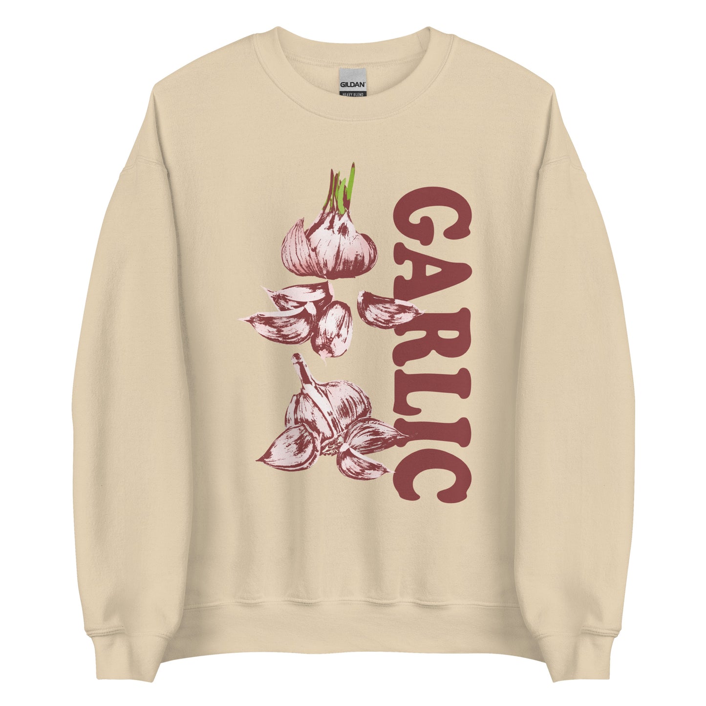 Beige Garlic Sweatshirt from Nina's Funky Shop by ninanush - Love garlic? Looking for a funky gift for garlic lovers? Our Garlic Crewneck Sweatshirt is soft, comfortable and just what you need. It's a unisex sweatshirt with a unique, hand drawn garlic design expertly printed on the front. A funny foodie sweatshirt for cozy nights in or stand out streetwear for garlic enthusiasts.