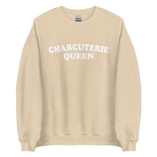 Beige Charcuterie Queen Crewneck Sweatshirt from Nina's Funky Shop - Love charcuterie? Looking for a funny gift for a charcuterie enthusiast? Our Charcuterie Queen Crewneck Sweatshirt is just what you need. It's a unisex sweatshirt that comes in a variety of colors with "Charcuterie Queen", expertly printed on the front. The perfect funny college style sweatshirt for charcuterie lovers. 