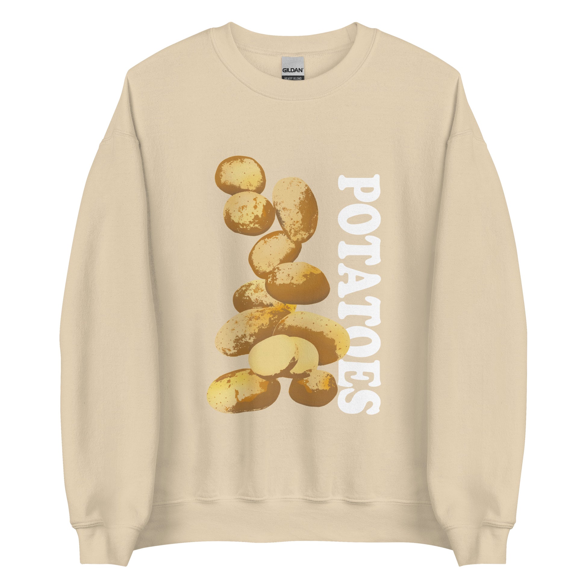 Beige  sweatshirt with potatoes design - Love Potatoes? Looking for a unique gift for a fellow potato enthusiast? This unisex sweatshirt is warm, super soft and cozy, and made just for you. It comes in a variety of colors with a hand drawn potatoes design by Nina, expertly printed on the front.