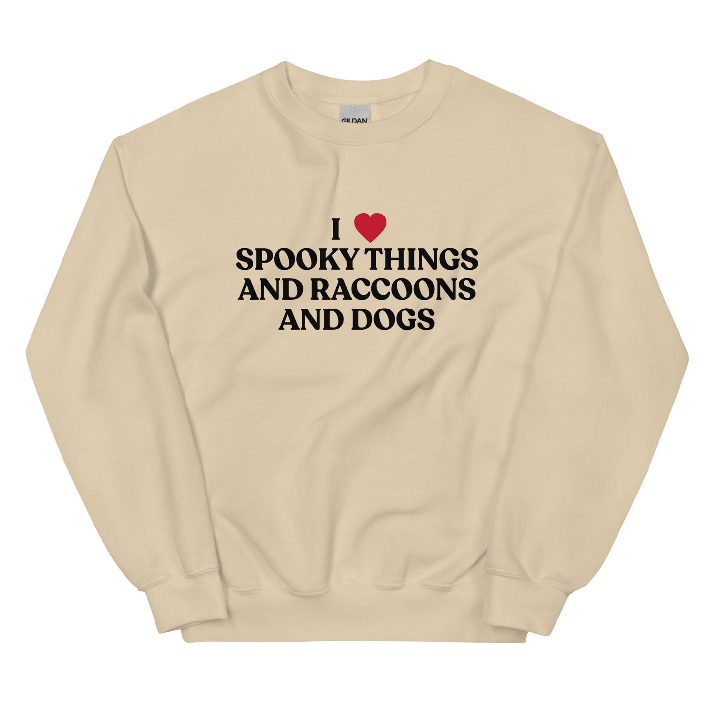 Beige Halloween Sweatshirt - Our I Heart Spooky Things Raccoons and Dogs Sweatshirt is super soft and cozy. It comes in a variety of colors with a funny spooky season saying, expertly printed on the front. Make a statement in this funny Halloween crewneck sweatshirt.
