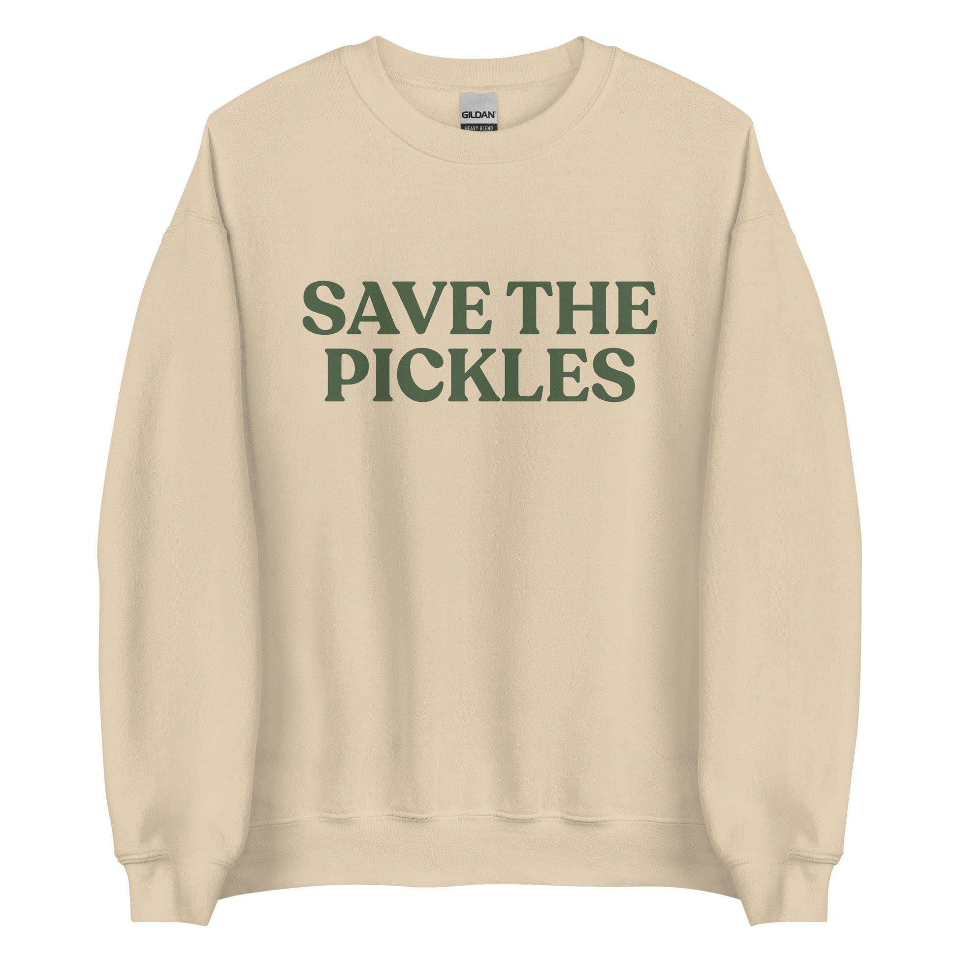 Tan Save The Pickles Sweatshirt - Love pickles? Looking for a gift for a pickle lover? Our Save The Pickles Crewneck Sweatshirt might be just what you need! It's a soft and cozy sweatshirt with a pickle design, made just for you.