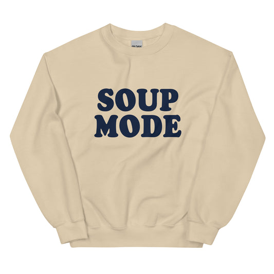 Beige Soup Mode Sweatshirt - Love soup? Looking for a gift for a soup enthusiast? Our Soup Mode Sweatshirt is soft, cozy and made just for you! It's a funny crewneck sweatshirt, expertly printed and perfect for everyday activities or lounging around the house eating soup. Looking for something personalized? Shoot us a message! 