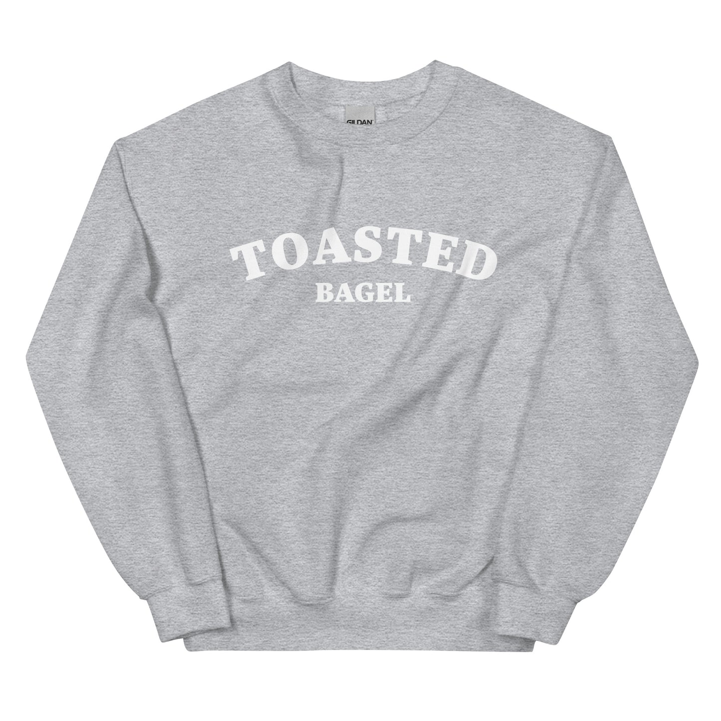 Light gray and white sweatshirt for foodies and toasted bagel addicts - A colorful toasted bagel sweatshirt for bagel lovers. It's soft, comfortable, designed for bagel aficionados and made just for you. Eat your favorite bagel in this funny food sweatshirt. This quirky design is eye-catching and sure to turn heads. It's the perfect funny sweatshirt for bagel enthusiasts and foodies of all kinds.  