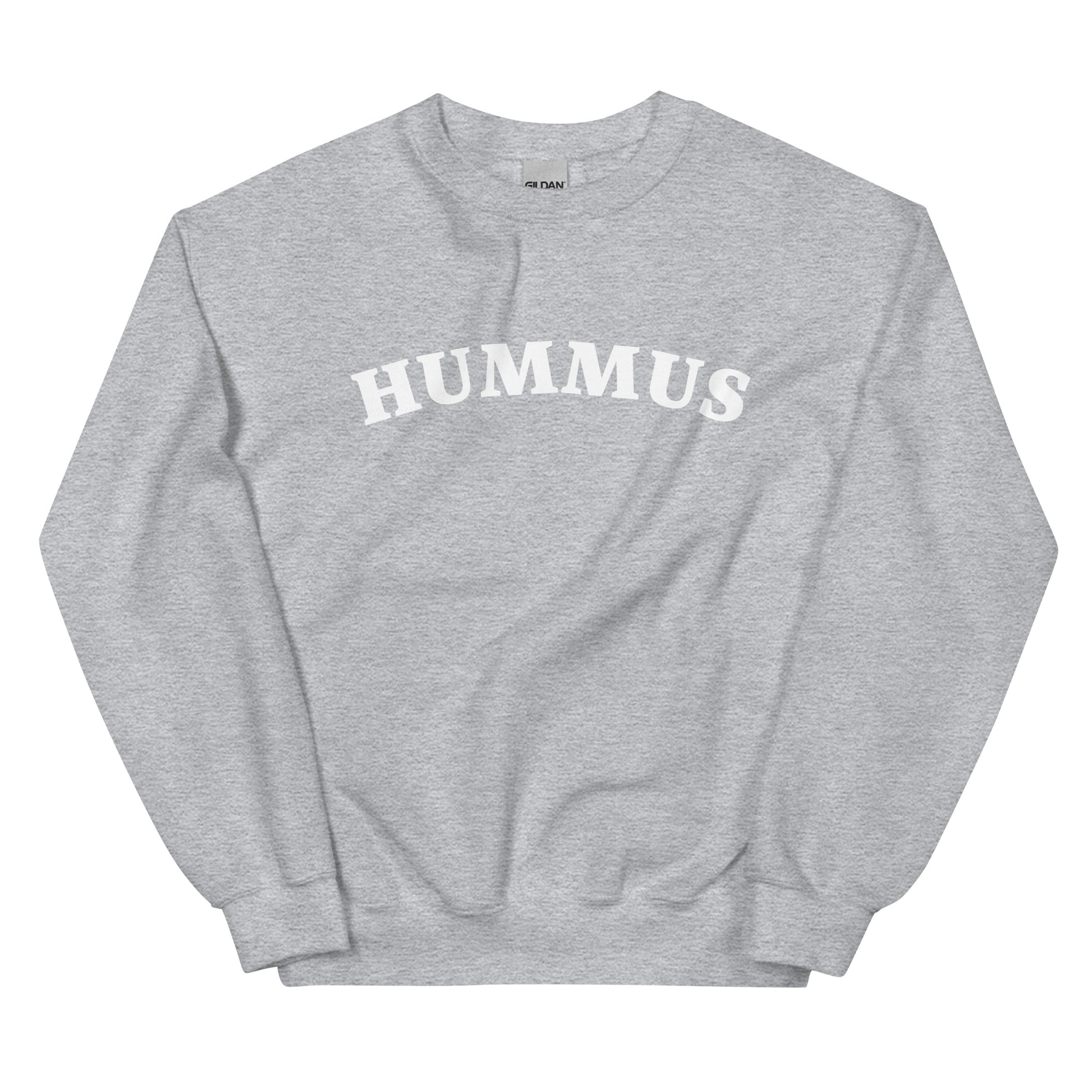 Light gray hummus sweatshirt - A hummus sweatshirt for foodies and chickpea lovers. This unique crew neck sweatshirt is designed for hummus enthusiasts and made just for you. It's a colorful hummus lover sweatshirt that stands out and makes a statement. A funny gift for hummus lovers or a quirky sweatshirt for everyday funny foodie streetwear. 