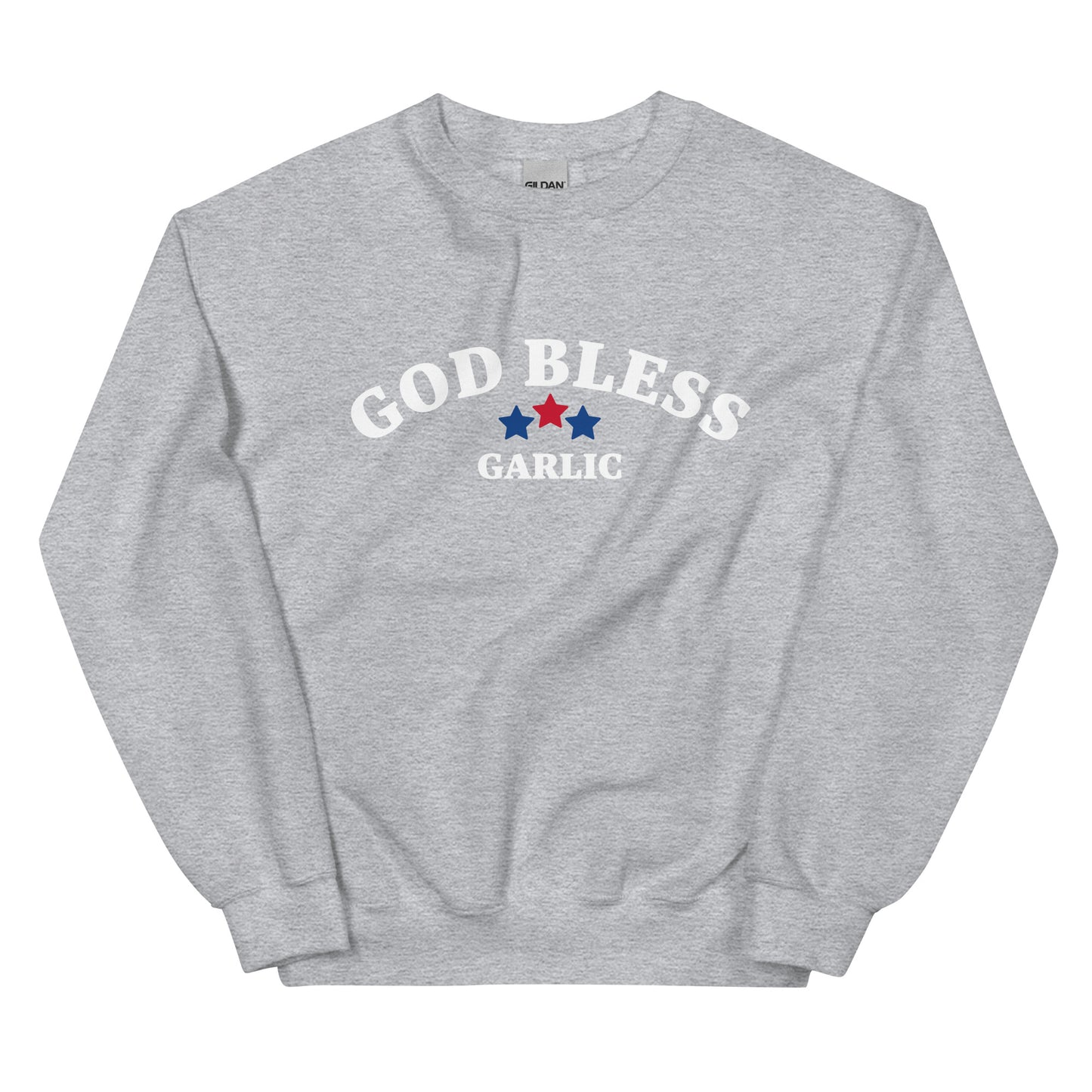 Gray sweatshirt with red, white and blue design for garlic lovers - This sarcastic foodie sweatshirt is made for garlic enthusiasts! It's a classic crew neck garlic lover sweatshirt with the words "God Bless Garlic" on the front. Designed for food lovers, this funny food sweatshirt is perfect for cozy nights, 4th of July BBQs, or a funny gift for garlic lovers and foodies of all kinds.