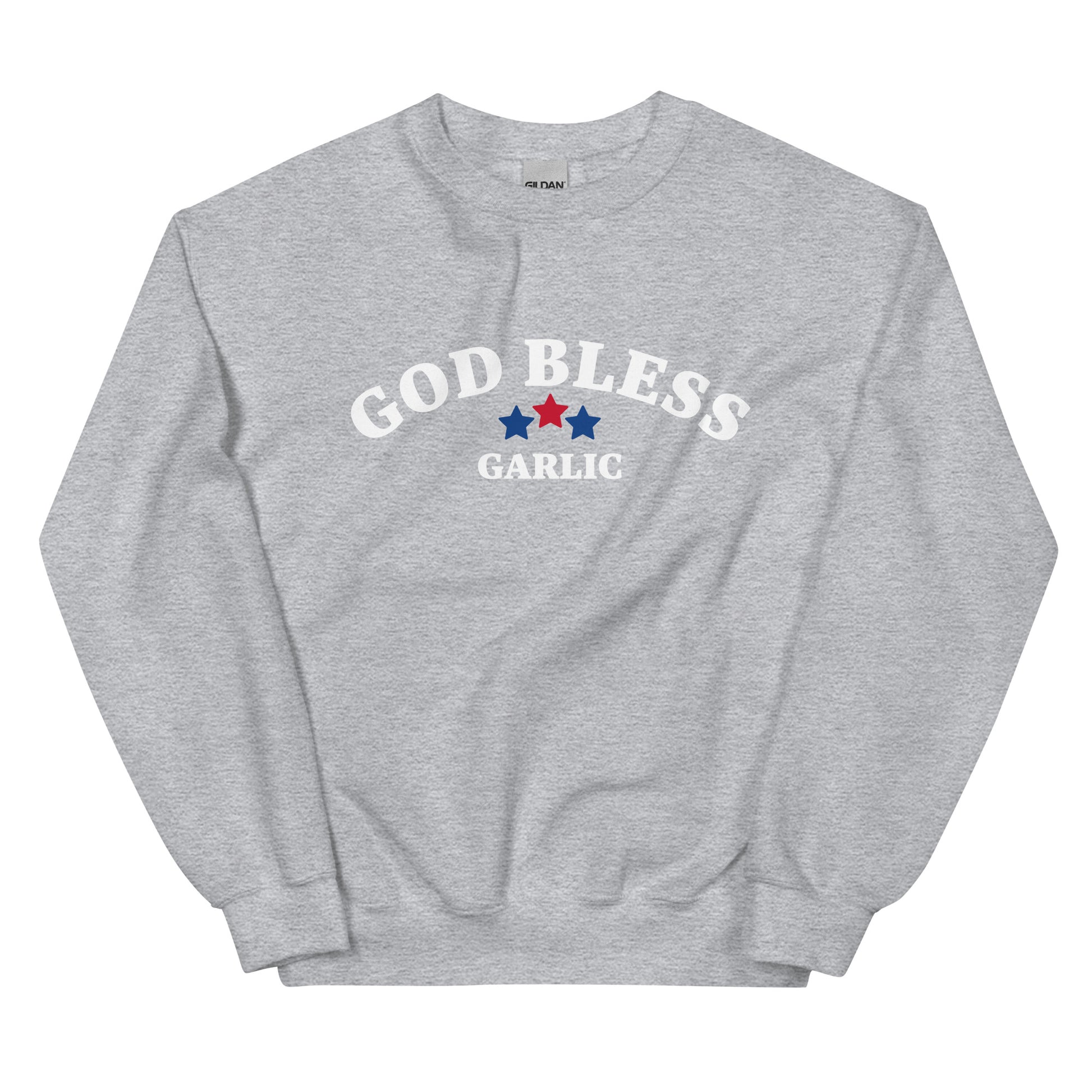 Gray sweatshirt with red, white and blue design for garlic lovers - This sarcastic foodie sweatshirt is made for garlic enthusiasts! It's a classic crew neck garlic lover sweatshirt with the words "God Bless Garlic" on the front. Designed for food lovers, this funny food sweatshirt is perfect for cozy nights, 4th of July BBQs, or a funny gift for garlic lovers and foodies of all kinds.