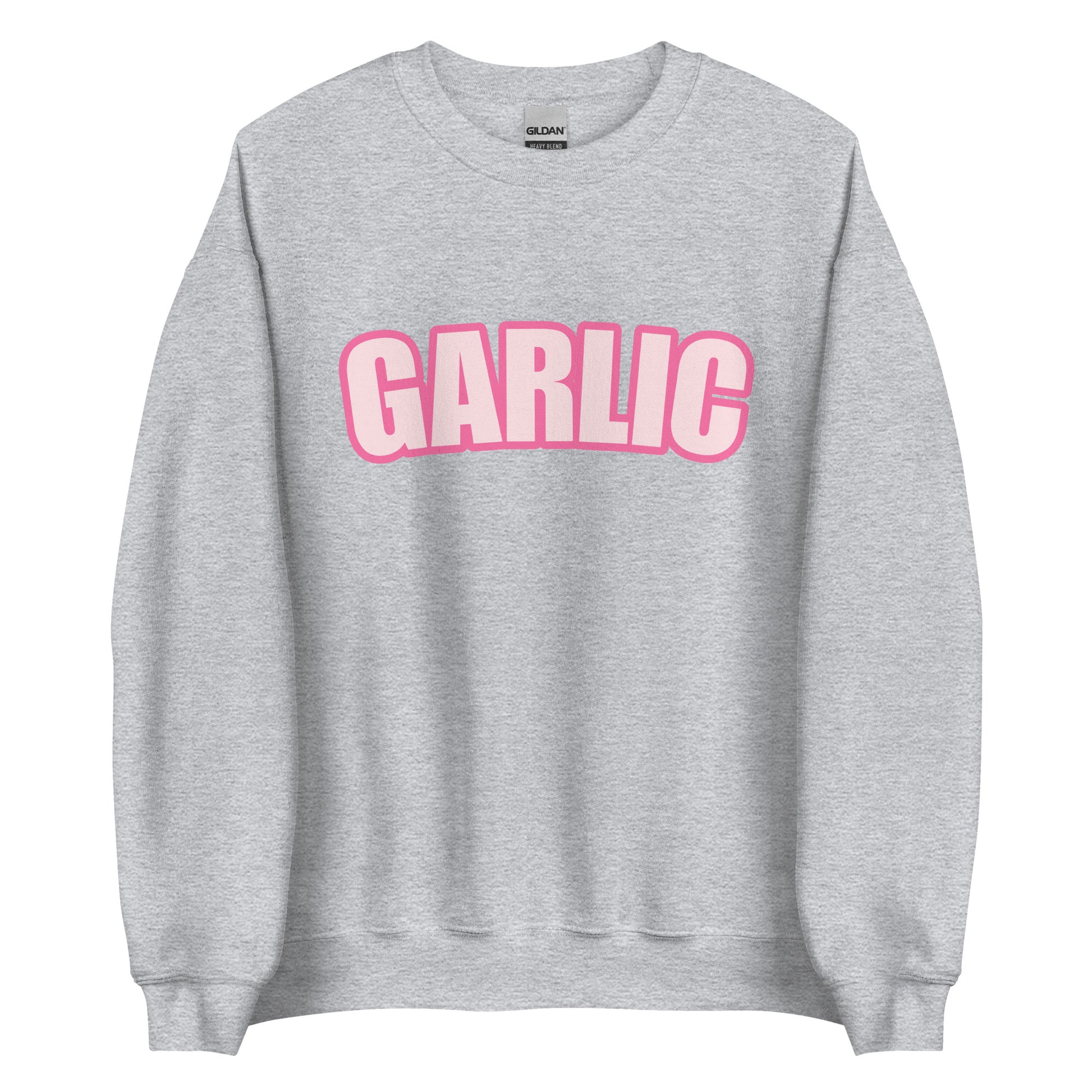 Light Gray Garlic Sweatshirt from Nina's Funky Shop by ninanush - Our Pink Garlic Sweatshirt is a perfect funny foodie sweatshirt for garlic lovers. It's a unisex, crew neck sweatshirt with the word "Garlic", expertly printed on the front. Perfect for cozy nights in or stand out streetwear for foodies, this garlic enthusiast sweatshirt is designed by Nina and made just for you.