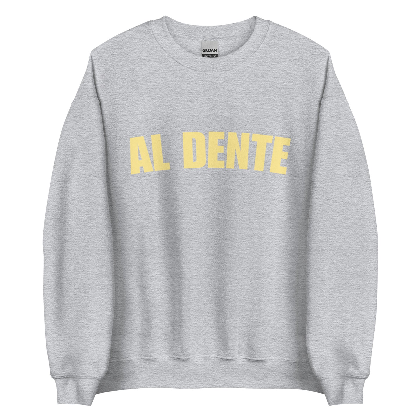 Light Gray Al Dente Sweatshirt from Nina's Funky Shop by ninanush - Our Al Dente Sweatshirt is soft, comfortable and a funny Italian cooking sweatshirt for foodies. It's a unisex, crew neck sweatshirt that comes in a variety of colors with the "Al Dente", expertly printed on the front. Perfect for cozy nights in or stand out streetwear for foodies. An Al Dente sweatshirt, made just for you.