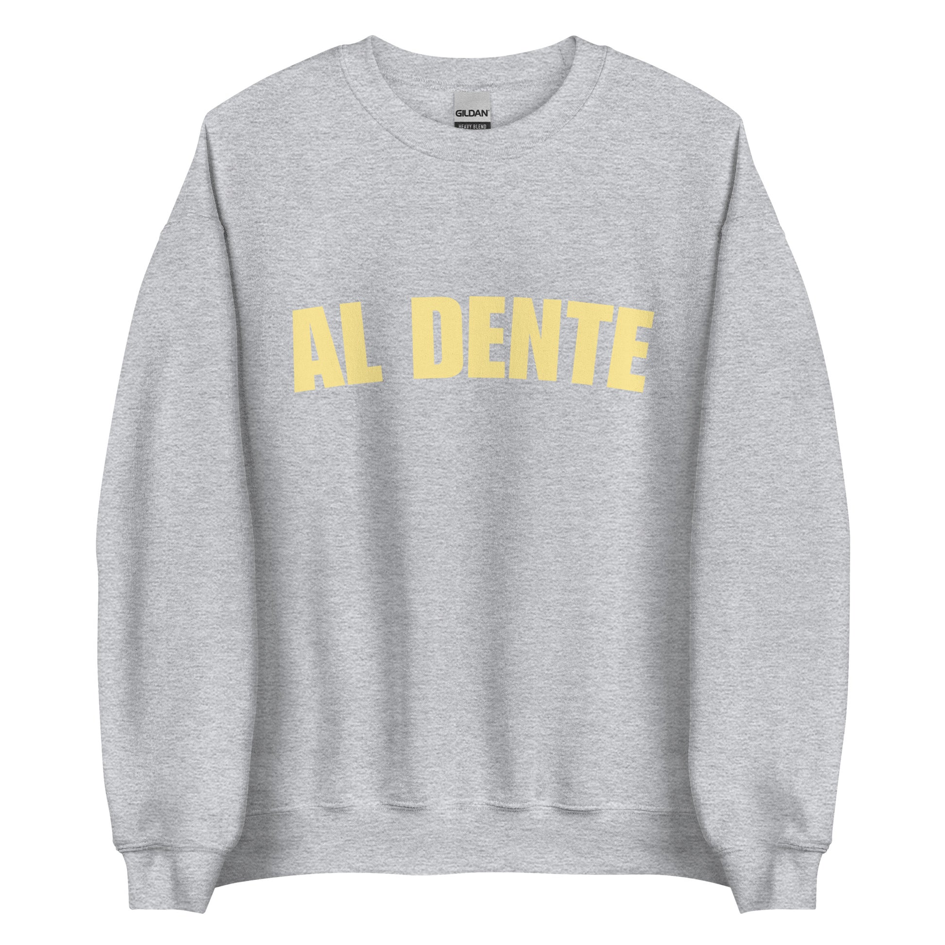 Light Gray Al Dente Sweatshirt from Nina's Funky Shop by ninanush - Our Al Dente Sweatshirt is soft, comfortable and a funny Italian cooking sweatshirt for foodies. It's a unisex, crew neck sweatshirt that comes in a variety of colors with the "Al Dente", expertly printed on the front. Perfect for cozy nights in or stand out streetwear for foodies. An Al Dente sweatshirt, made just for you.