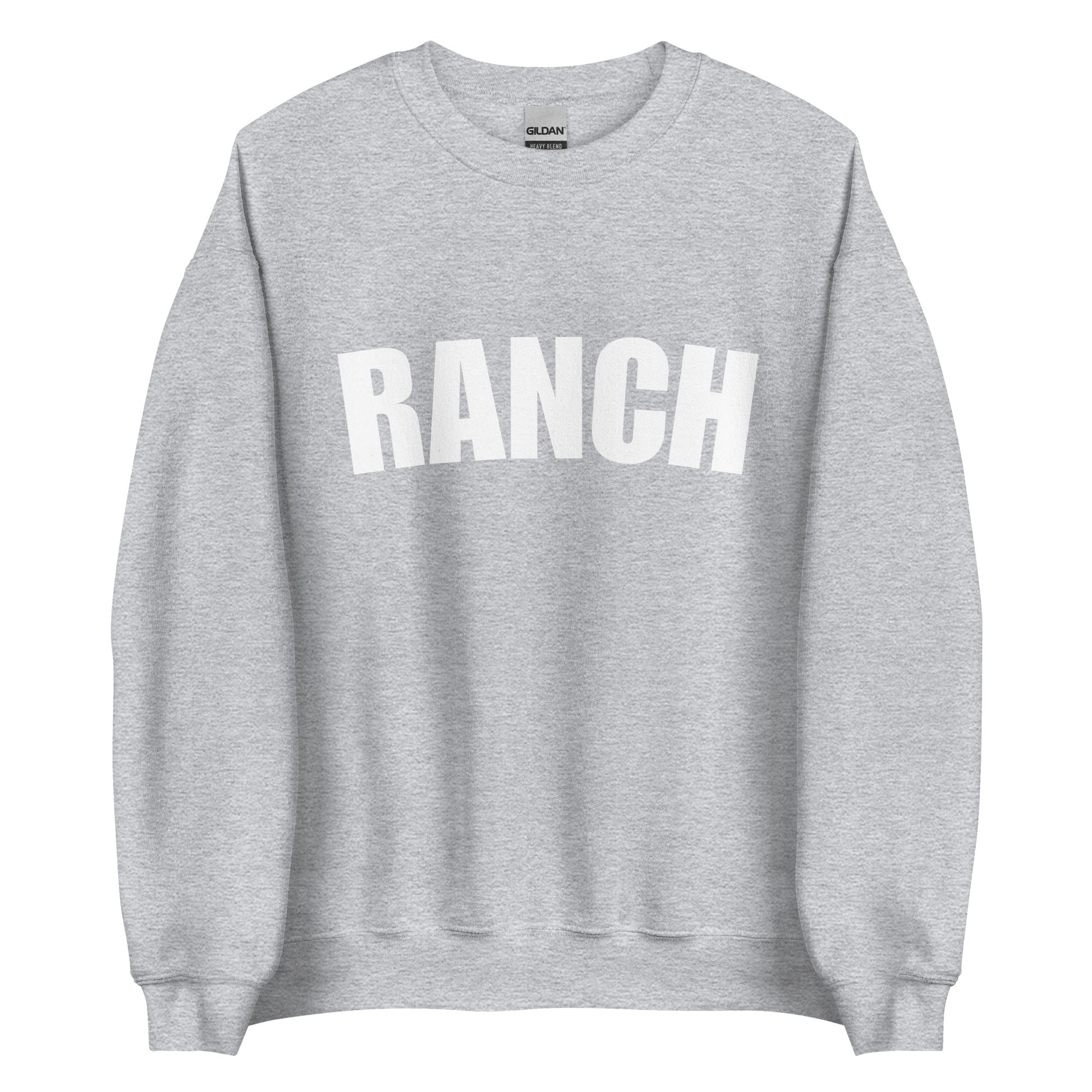 Light Gray Ranch Sweatshirt from Nina's Funky Shop by ninanush - Do you love ranch? This funny foodie sweatshirt for ranch lovers was made just for you. It's a unisex, crew neck sweatshirt with the word "Ranch", expertly printed on the front. Perfect for cozy nights in or colorful and bold stand out streetwear for foodies, this ranch enthusiast sweatshirt is designed by Nina.