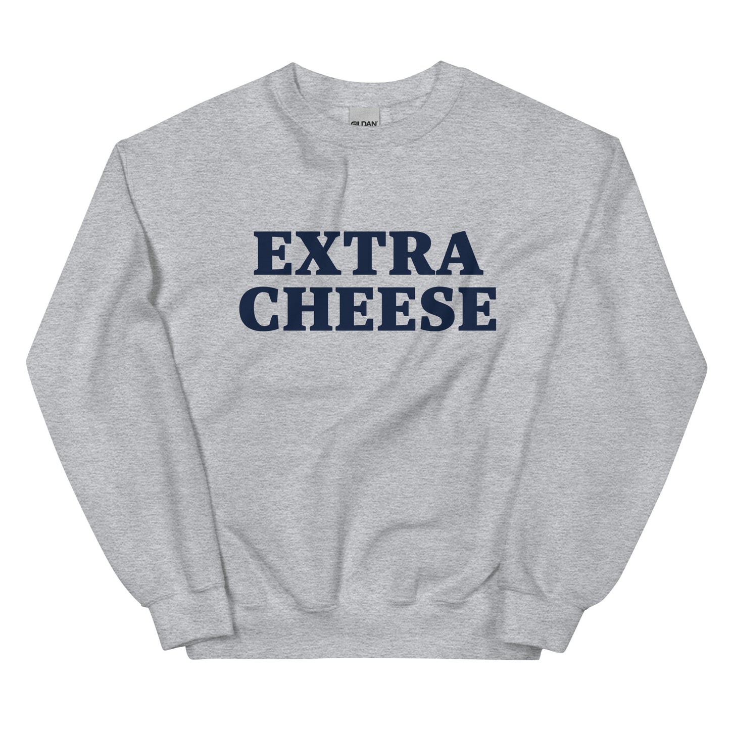 Light Gray Extra Cheese Sweatshirt from Nina's Funky Shop by ninanush - Love cheese? Want more? Make your priorities known in this Extra Cheese Sweatshirt. It's a funny foodie sweatshirt for cheese lovers. This unisex, crew neck sweatshirt comes in a variety of colors with "cheese", on the front. This college-style cheese enthusiast sweatshirt is designed by Nina and made just for you. 