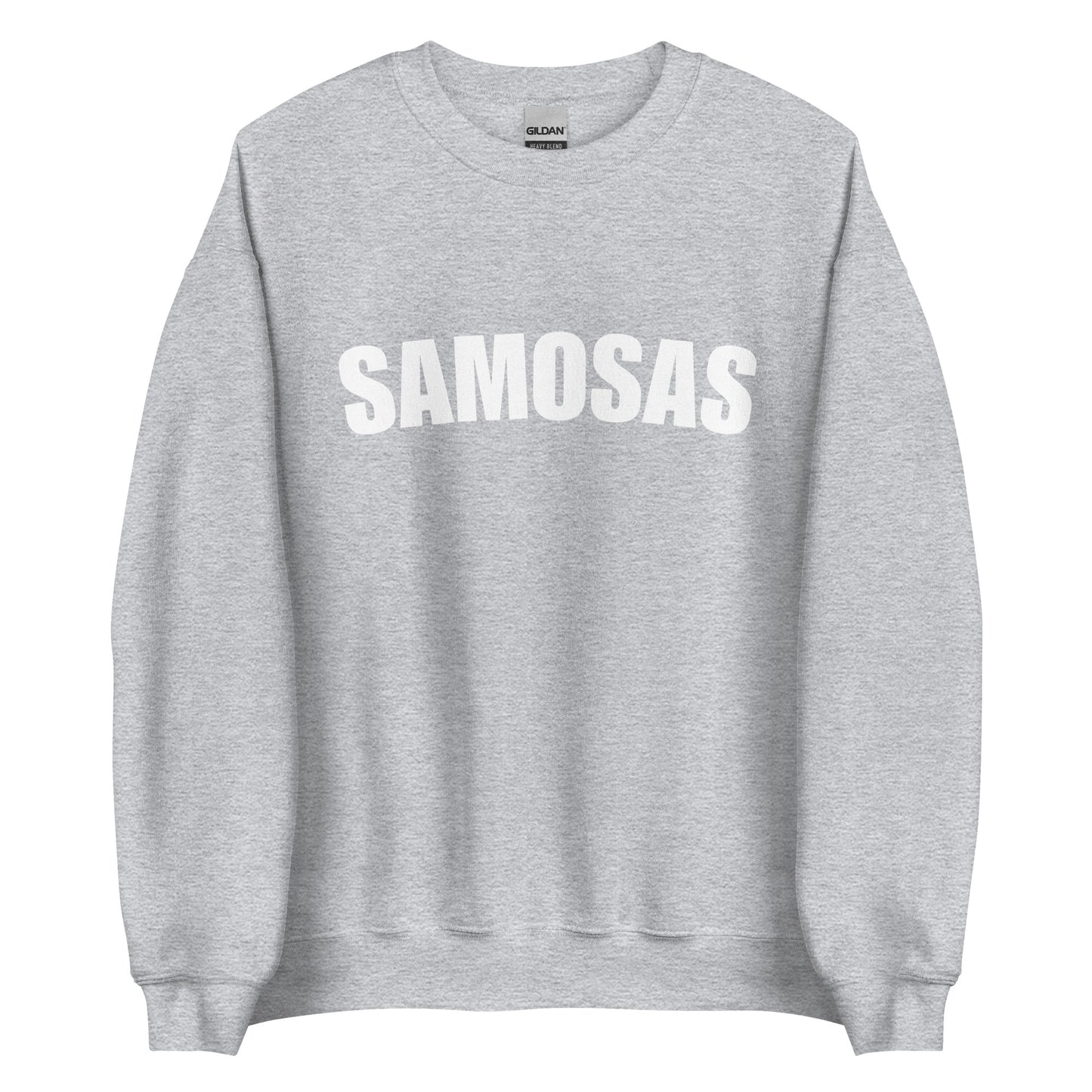 Light Gray Samosa Sweatshirt from Nina's Funky Shop by ninanush - Love samosas? Looking for a fun foodie gift? Our Samosa Sweatshirt is just what you need. Perfect for Indian cuisine lovers and foodies of all kinds, this sweatshirt has "Samosa", expertly printed on the front. A crewneck college-style foodie sweatshirt for Indian food enthusiasts and samosa lovers like you.