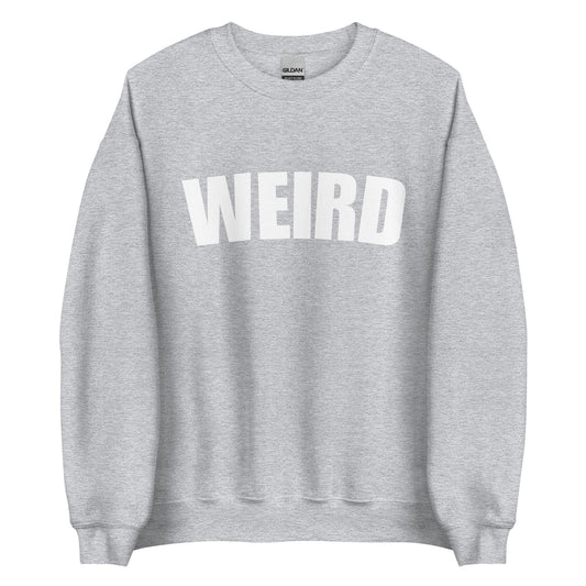 Light Gray Weird Sweatshirt from Nina's Funky Shop by ninanush - Stay weird in this soft and comfortable varsity sweatshirt. It's a unisex, crew neck sweatshirt that comes in a variety of colors with "Weird", expertly printed on the front. Perfect for cozy nights in or stand out streetwear, this weird sweatshirt is designed by Nina and made just for you.