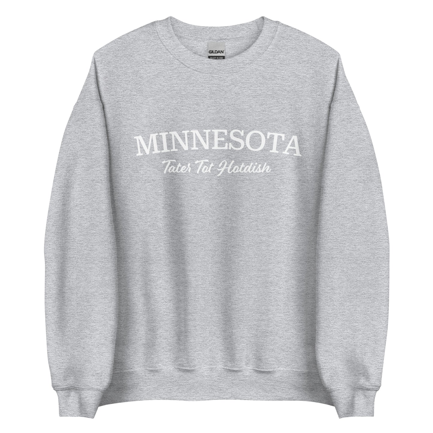 Light Gray Minnesota Hotdish sweatshirt from Nina's Funky Shop by ninanush - Love Tater Tot Hotdish? Looking for a funny Minnesota gift? Introducing our Minnesota Tater Tot Hotdish Sweatshirt! It's a Midwestern foodie sweatshirt with "Minnesota" and the unofficial MN state food "Tater Tot Hotdish" on the front. Perfect for cozy nights in or a statement sweatshirt for tater tot hotdish lovers.