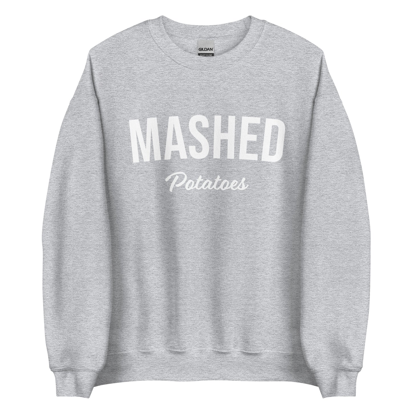 Light Gray Mashed Potatoes Sweatshirt from Nina's Funky Shop by ninanush - Do you love mashed potatoes? Looking for a fun potato lover gift? Our Mashed Potatoes Sweatshirt is just what you need. It's a unisex, varsity crew neck sweatshirt that comes in a variety of colors with "Mashed Potatoes" on the front. This mashed potato enthusiast sweatshirt is perfect funky streetwear for foodies.