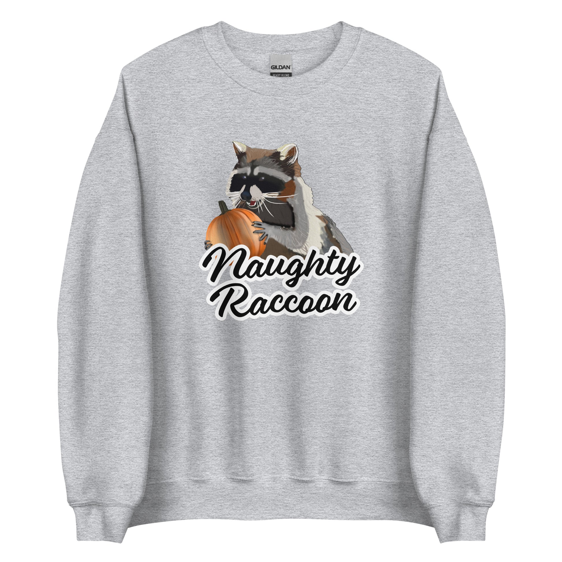 Light Gray Naughty Raccoon Pumpkin Sweatshirt from Nina's Funky Shop by ninanush - Love raccoons? Looking for a fun raccoon lover gift? Our Naughty Raccoon Sweatshirt is soft, comfortable and just what you need. It's a unisex, crew neck sweatshirt with a raccoon holding a pumpkin and "Naughty Raccoon", expertly printed on the front. Stand out this spooky season in our funny Raccoon Sweatshirts.