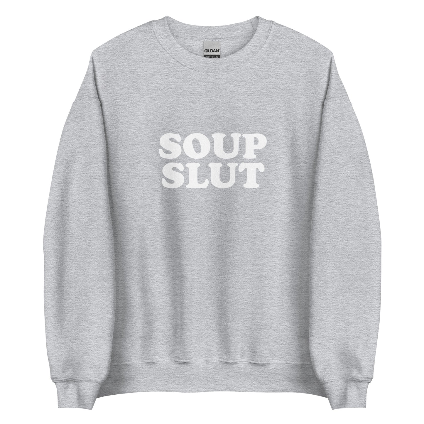 Light Gray  soup slut sweatshirt from Nina's Funky Shop by ninanush - Do you love soup? Looking for a funny gift for a friend? Our Soup Slut Sweatshirt is soft, comfortable and just what you need. It's a unisex foodie sweatshirt that comes in a variety of colors with "soup slut", expertly printed on the front. A perfect funny foodie sweatshirt for cozy nights in or stand out soup lover streetwear.