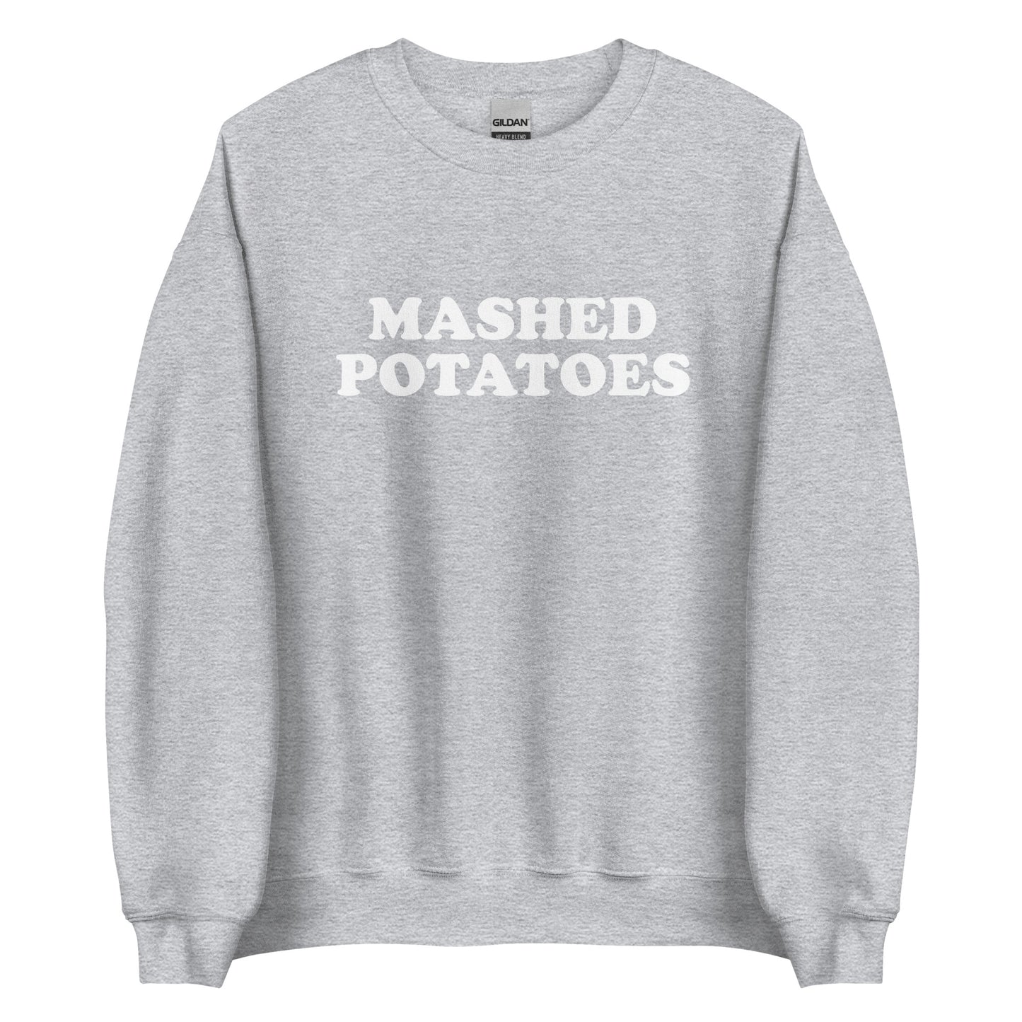 Light Gray Mashed Potatoes Sweatshirt from Nina's Funky Shop by ninanush - Do you love mashed potatoes? Looking for a funny gift? Our Mashed Potatoes Crew Neck Sweatshirt is soft, comfortable and just what you need. It's a unisex foodie sweatshirt that comes in a variety of colors with "Mashed Potatoes", expertly printed on the front. A perfect funny foodie sweatshirt for cozy nights in or stand out potato lover streetwear, this mashed potato enthusiast sweatshirt is bold and made just for you.