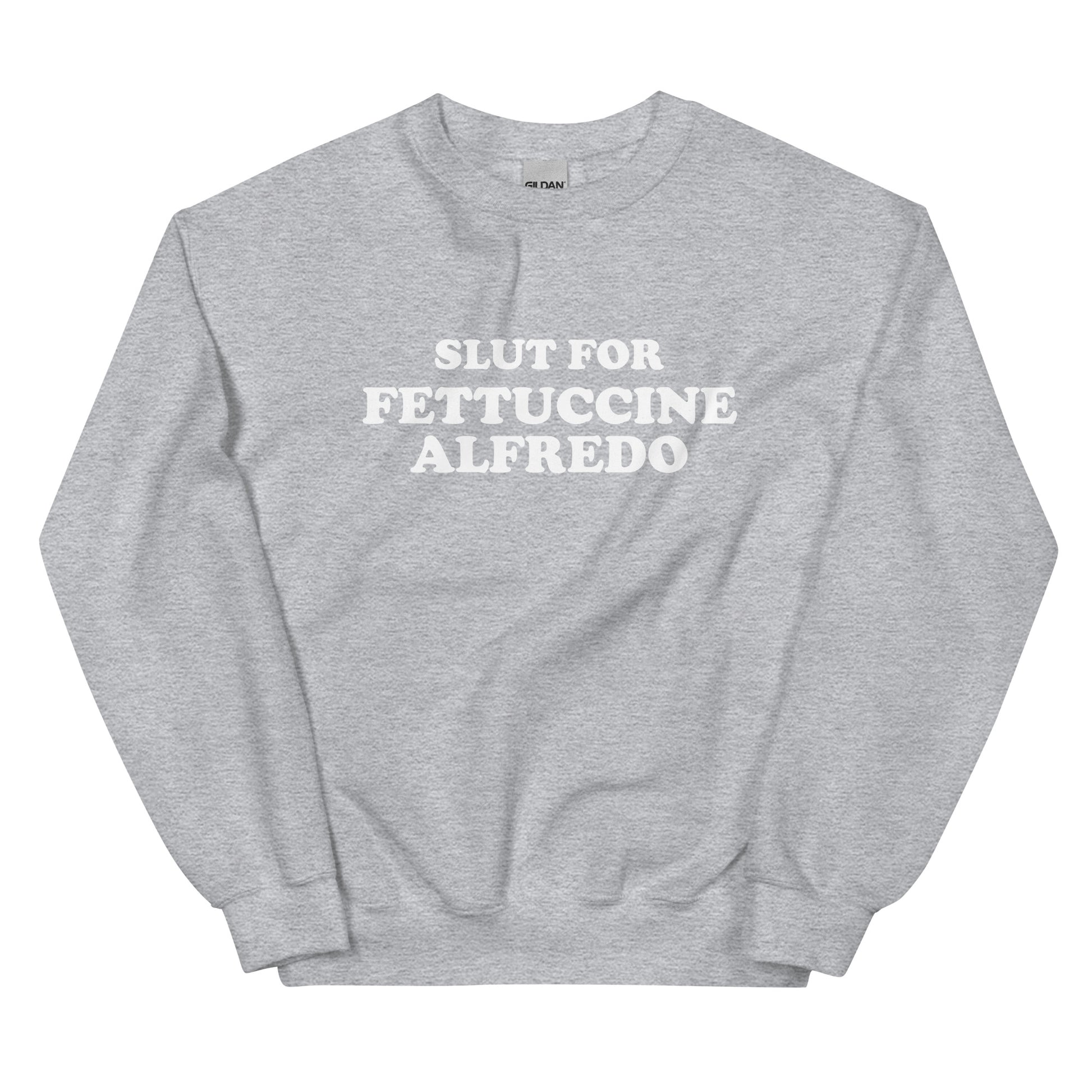 Light Gray Slut for Fettuccine Alfredo Sweatshirt from Nina's Funky Shop by ninanush - Do you love fettuccine Alfredo? Looking for a funny gift for a friend? Our Slut For Fettuccine Alfredo Crew Neck Sweatshirt is soft, comfortable and just what you need. A perfect funny foodie sweatshirt for cozy nights in or stand out fettuccine lover streetwear, this pasta enthusiast sweatshirt is bold and made just for you.