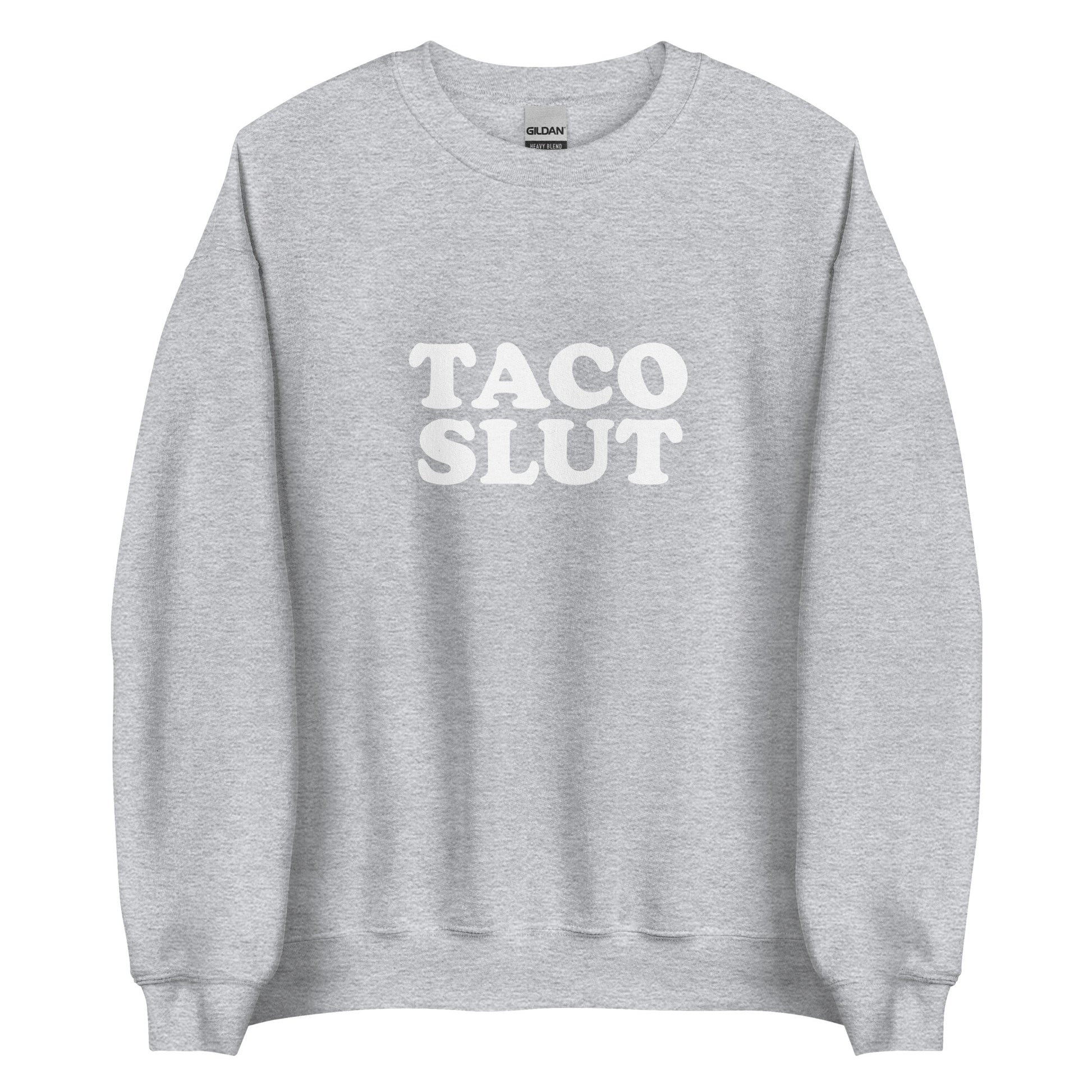 Light Gray Taco Slut Sweatshirt from Nina's Funky Shop by ninanush - Do you love tacos? Looking for a funny gift for a friend? Our Taco Slut Crew Neck Sweatshirt is soft, comfortable and just what you need. A funny foodie sweatshirt for cozy nights in or stand out taco lover streetwear. This taco enthusiast sweatshirt is bold and made just for you. Eat tacos and celebrate your favorite foods.