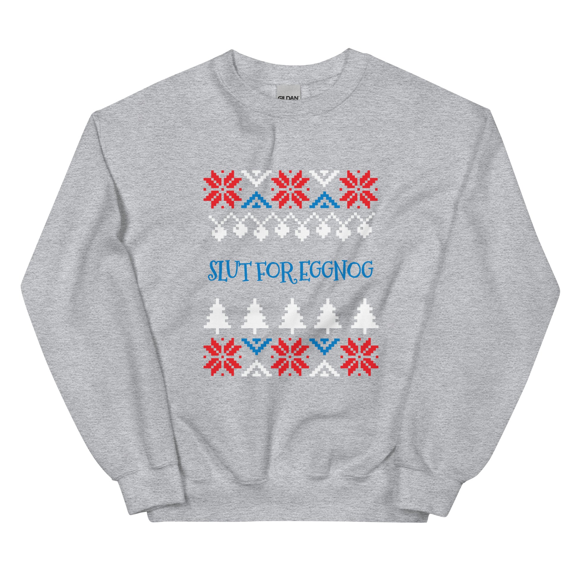 Light Gray Slut For Eggnog Christmas Sweatshirt from Nina's Funky Shop by ninanush - Do you love eggnog? Looking for a funny Christmas sweatshirt? Our Slut For Eggnog Christmas Crew Neck Sweatshirt is just what you need. It's a unisex holiday sweatshirt that comes in a variety of colors with "Slut For Eggnog", expertly printed on the front. A funny Christmas sweatshirt for a holiday party.