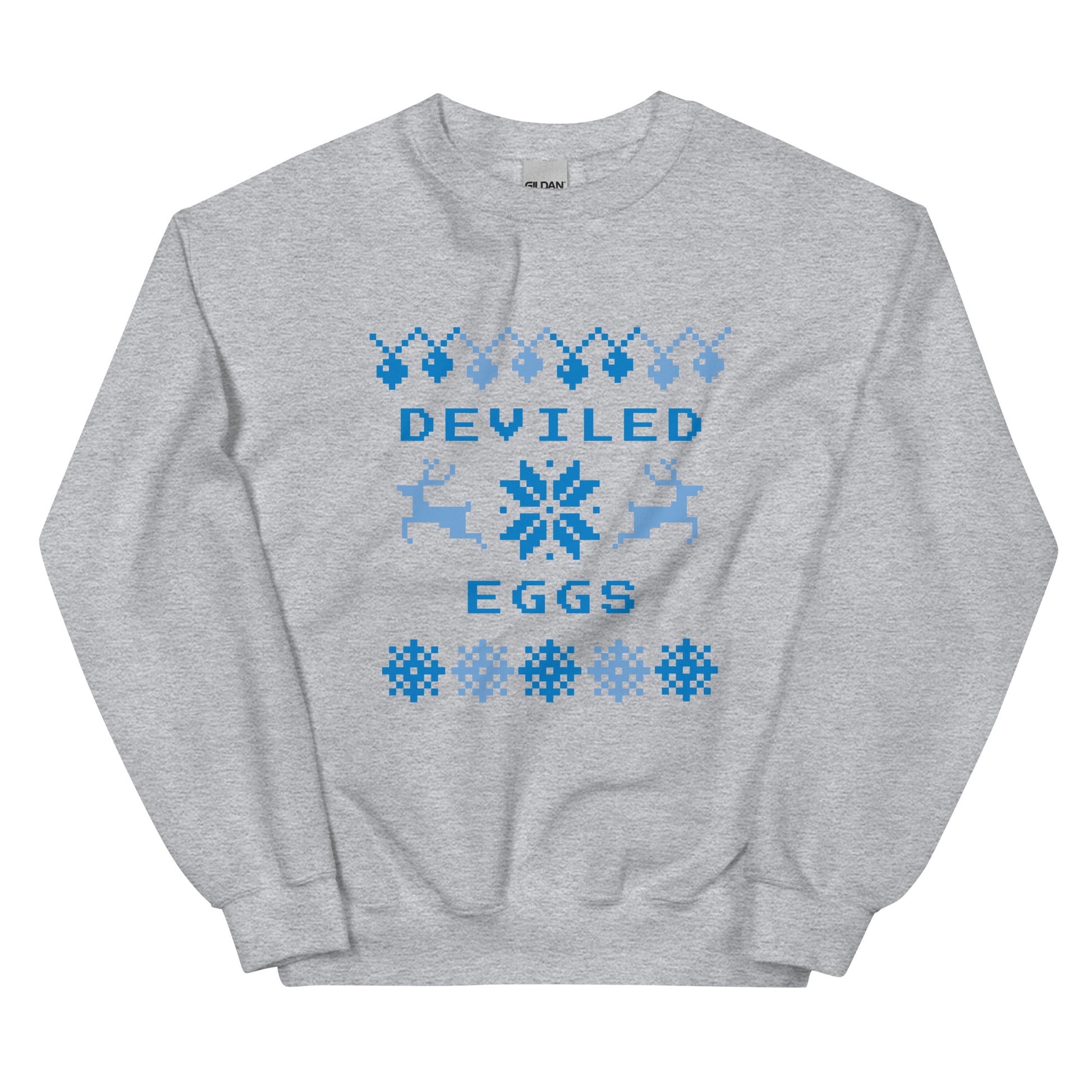 Light Gray Deviled Eggs Christmas Sweatshirt from Nina's Funky Shop by ninanush - Do you love deviled eggs? Looking for a funny Christmas sweatshirt? Our Slut Deviled Eggs Christmas Crew Neck Sweatshirt is soft, comfortable and just what you need. It's a unisex holiday sweatshirt with "Deviled Eggs" and a Christmas pattern. A funny Christmas sweatshirt for a holiday party or a cozy night in.