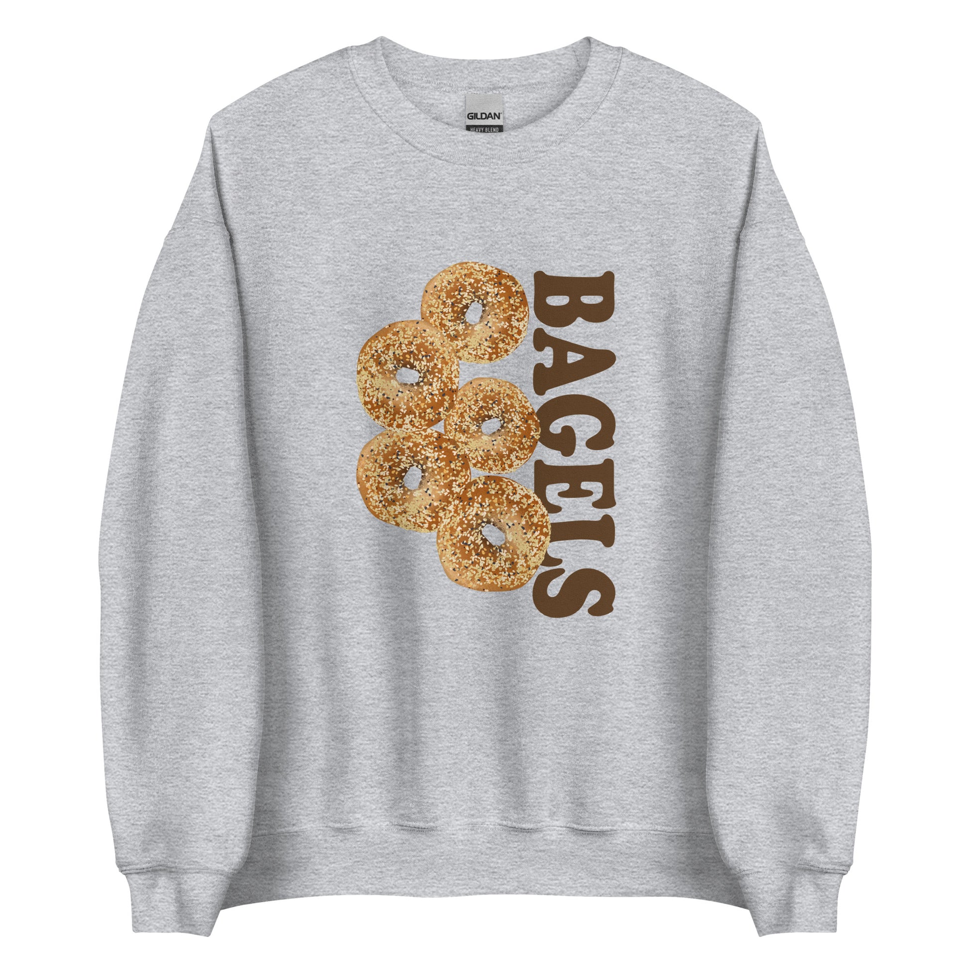 Light Gray Everything Bagels Sweatshirt from Nina's Funky Shop by ninanush - Do you love bagels? Looking for a funny gift? Our Bagels Crew Neck Sweatshirt is soft, comfortable and just what you need. It's a unisex foodie sweatshirt that comes in a variety of colors with everything bagels, expertly printed on the front. A funny foodie sweatshirt for cozy nights in or statement bagel lover streetwear.