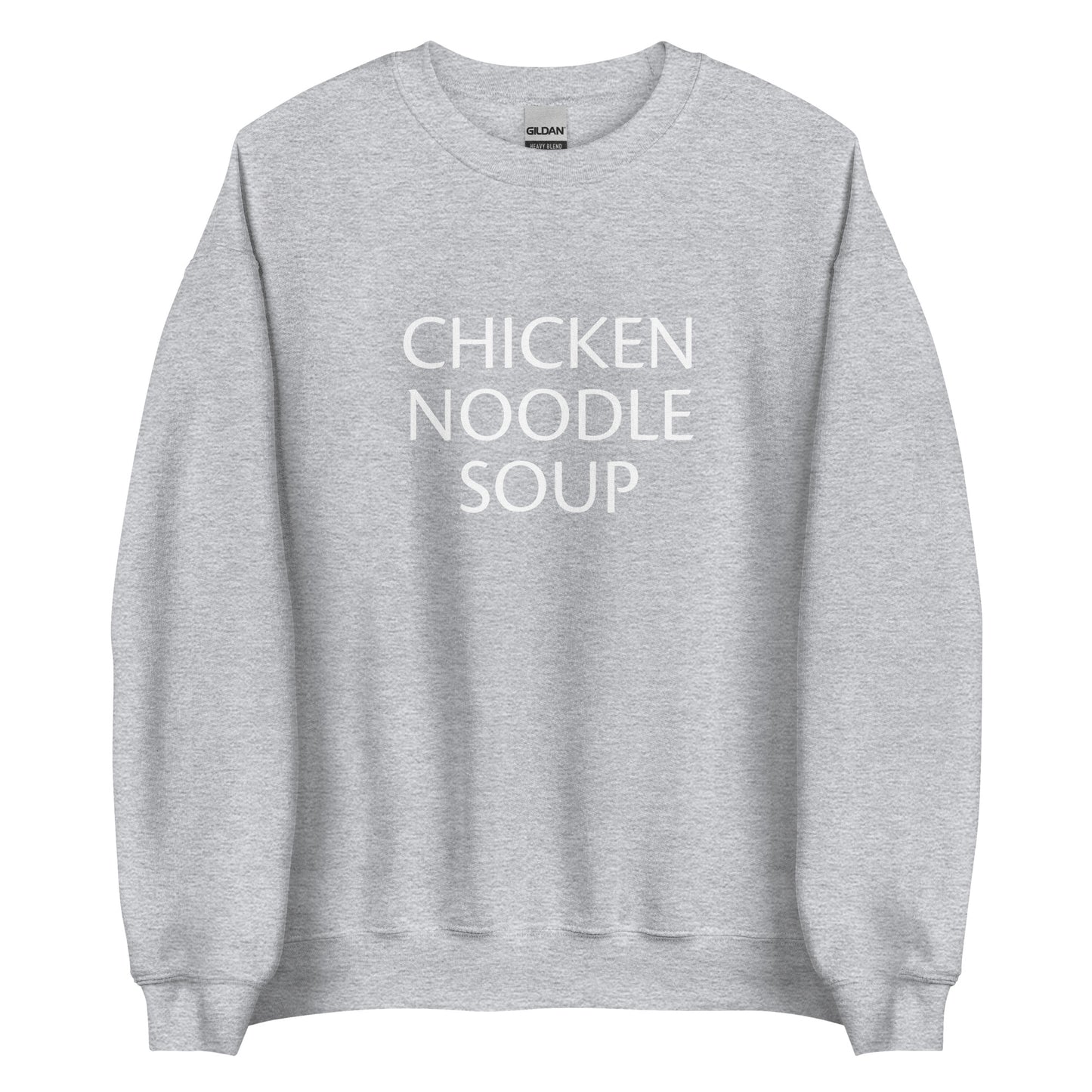 Light Gray Chicken Noodle Soup Sweatshirt from Nina's Funky Shop by ninanush - Do you love soup? Looking for a funny gift for a friend? Our Chicken Noodle Soup Crewneck Sweatshirt is soft, comfortable and just what you need. It's a unisex foodie sweatshirt that comes in a variety of colors with "Chicken Noodle Soup", expertly printed on the front. A perfect funny foodie sweatshirt for cozy nights in or stand out soup lover streetwear. This soup enthusiast sweatshirt is made just for you.