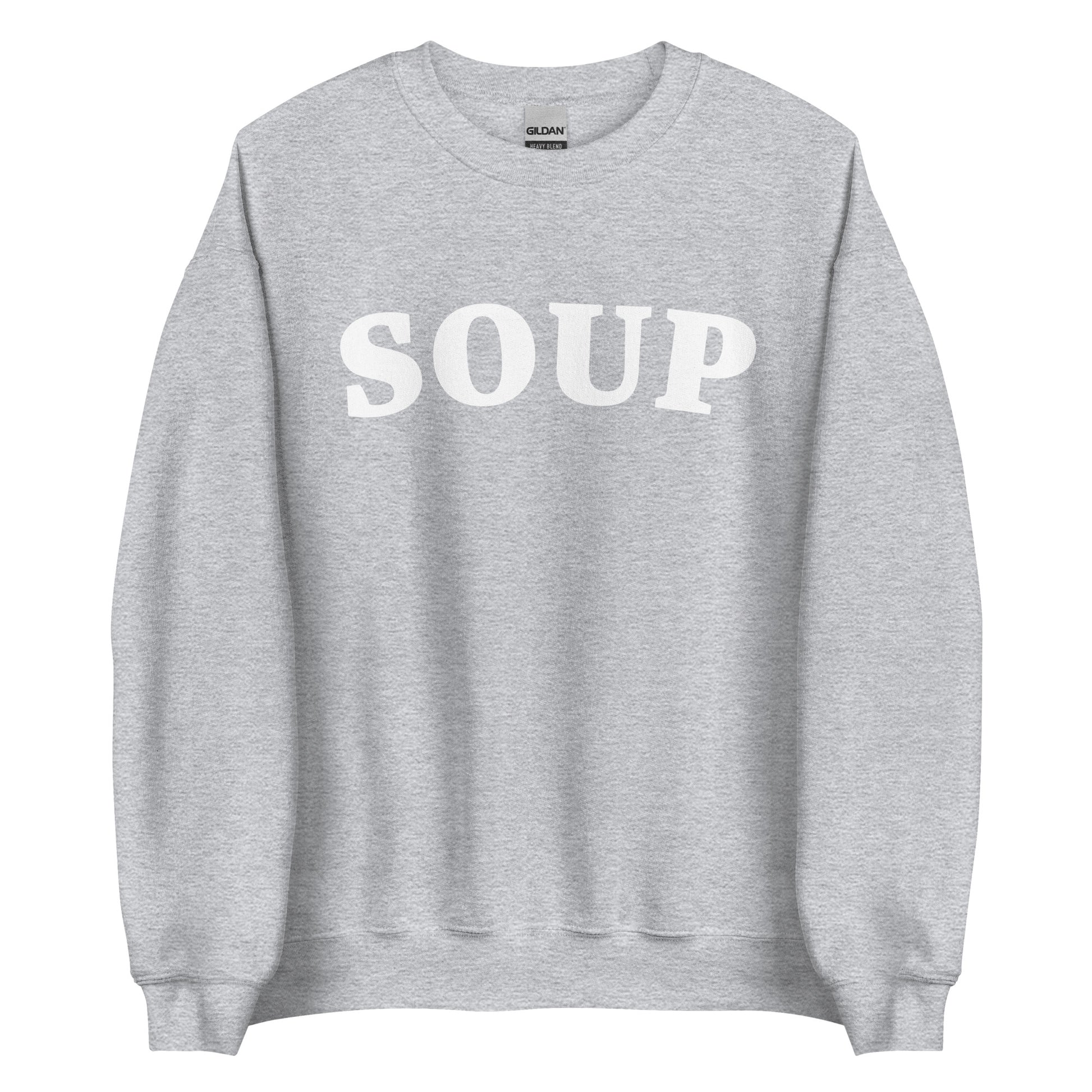 Light Gray Soup Crewneck Sweatshirt from Nina's Funky Shop by ninanush - Do you love soup? Looking for a funny gift? Our Soup Crewneck Sweatshirt is soft, comfortable and just what you need. It's a unisex foodie sweatshirt that comes in a variety of colors with "Soup", expertly printed in bold letters on the front. Eat your favorite soup in this funny varsity style sweatshirt. It's designed by Nina and made just for you.