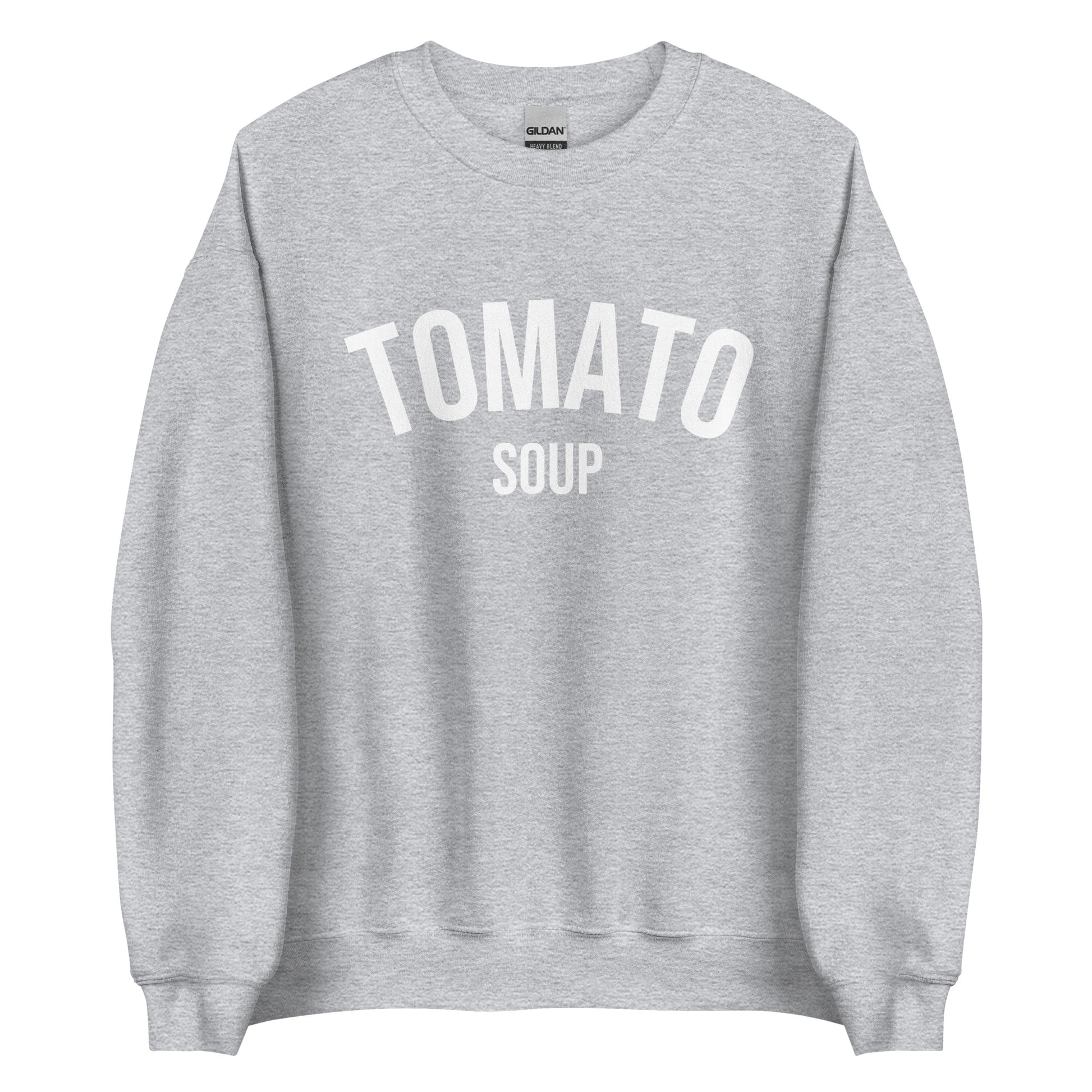 Light Gray Tomato Soup Sweatshirt from Nina's Funky Shop by ninanush - Do you love soup? Looking for a funny gift for a friend? Our Tomato Soup Crewneck Sweatshirt is soft, comfortable and just what you need. It's a unisex soup lover sweatshirt that comes in a variety of colors with "tomato soup", expertly printed on the front. A funny foodie sweatshirt for cozy nights in or stand out funky streetwear.