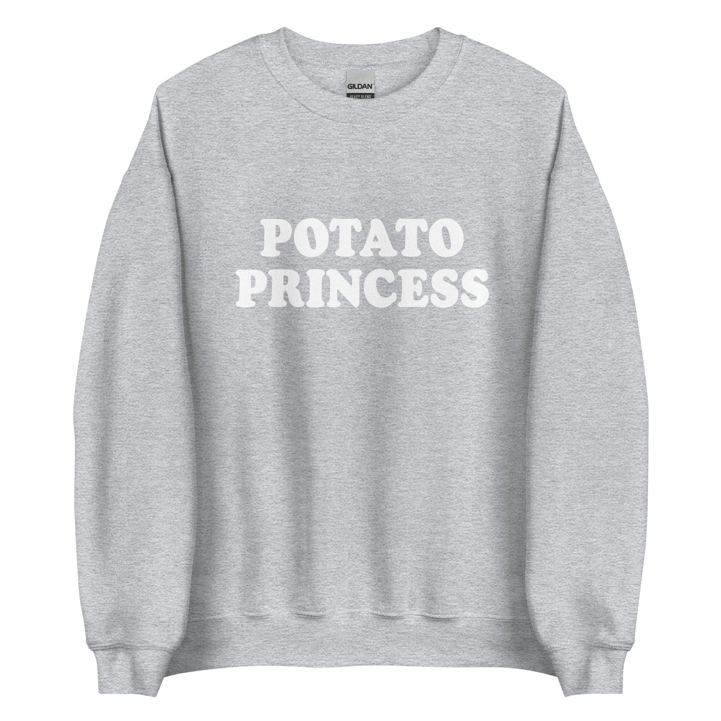 Light Gray potato princess crewneck sweatshirt from Nina's Funky Shop by ninanush - Do you love potatoes? Looking for a funny gift for a friend? Our Potato Crewneck Sweatshirt is just what you need. It's a unisex potato sweatshirt with "Potato Princess" on the front. A funny foodie sweatshirt for cozy nights in or stand out potato lover streetwear. This potato enthusiast sweatshirt is bold and made just for you.