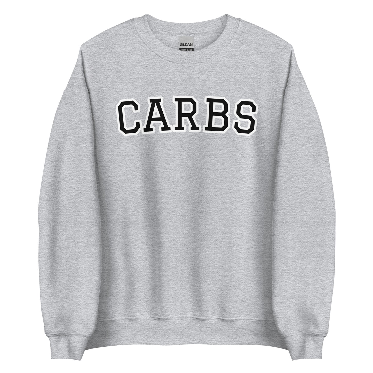 Light Gray Carb Sweatshirt from Nina's Funky Shop by ninanush - Do you love carbs? Looking for a funny foodie gift? Our Carbs Crewneck Sweatshirt is soft, comfortable and just what you need. It's a unisex food lover sweatshirt that comes in a variety of colors with "Carbs", expertly printed on the front in bold letters. A funny foodie sweatshirt or quirky streetwear for carb enthusiasts.