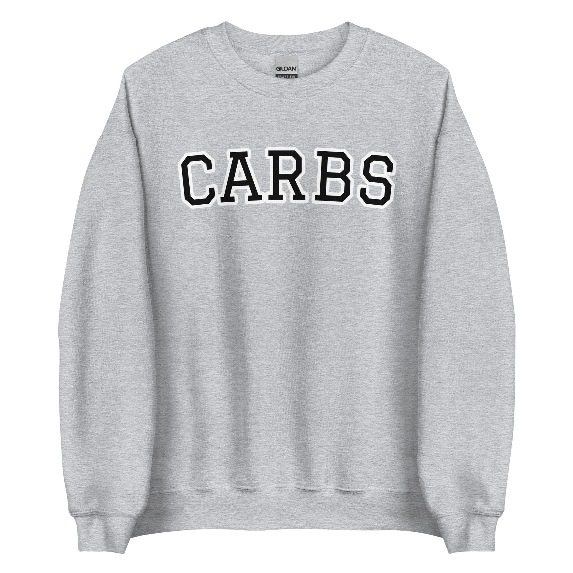 Light Gray Carb Sweatshirt from Nina's Funky Shop by ninanush - Do you love carbs? Looking for a funny foodie gift? Our Carbs Crewneck Sweatshirt is soft, comfortable and just what you need. It's a unisex food lover sweatshirt that comes in a variety of colors with "Carbs", expertly printed on the front in bold letters. A funny foodie sweatshirt or quirky streetwear for carb enthusiasts.