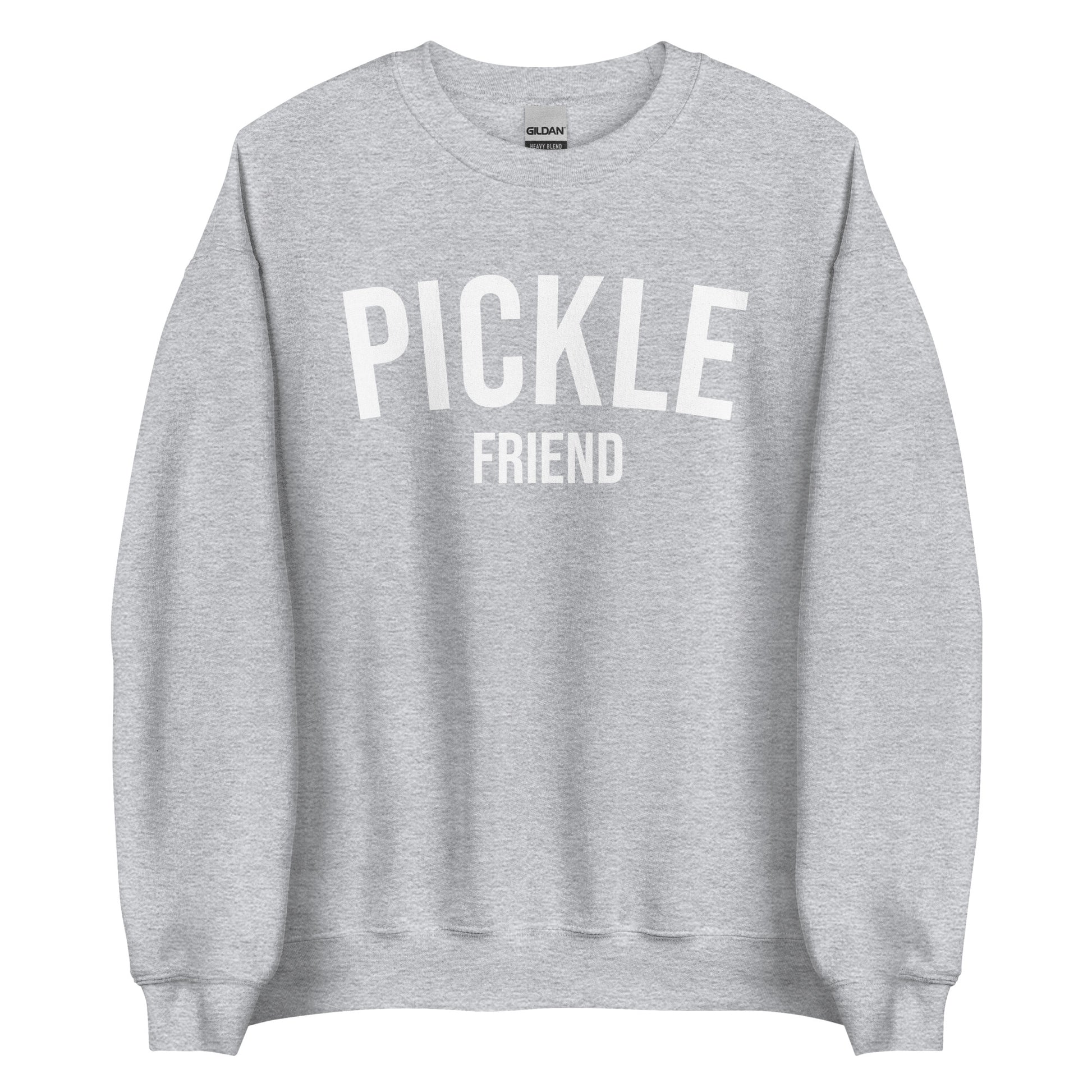 Light Gray Pickle Friend Sweatshirt from Nina's Funky Shop by ninanush - Love pickles? Looking for a funny pickle gift? Our Pickle Friend Crewneck Sweatshirt is just what you need. It's a unisex pickle sweatshirt with "Pickle Friend" on the front. A funny foodie sweatshirt or quirky streetwear for pickle lovers. This varsity style pickle sweatshirt is designed by Nina and made just for you.