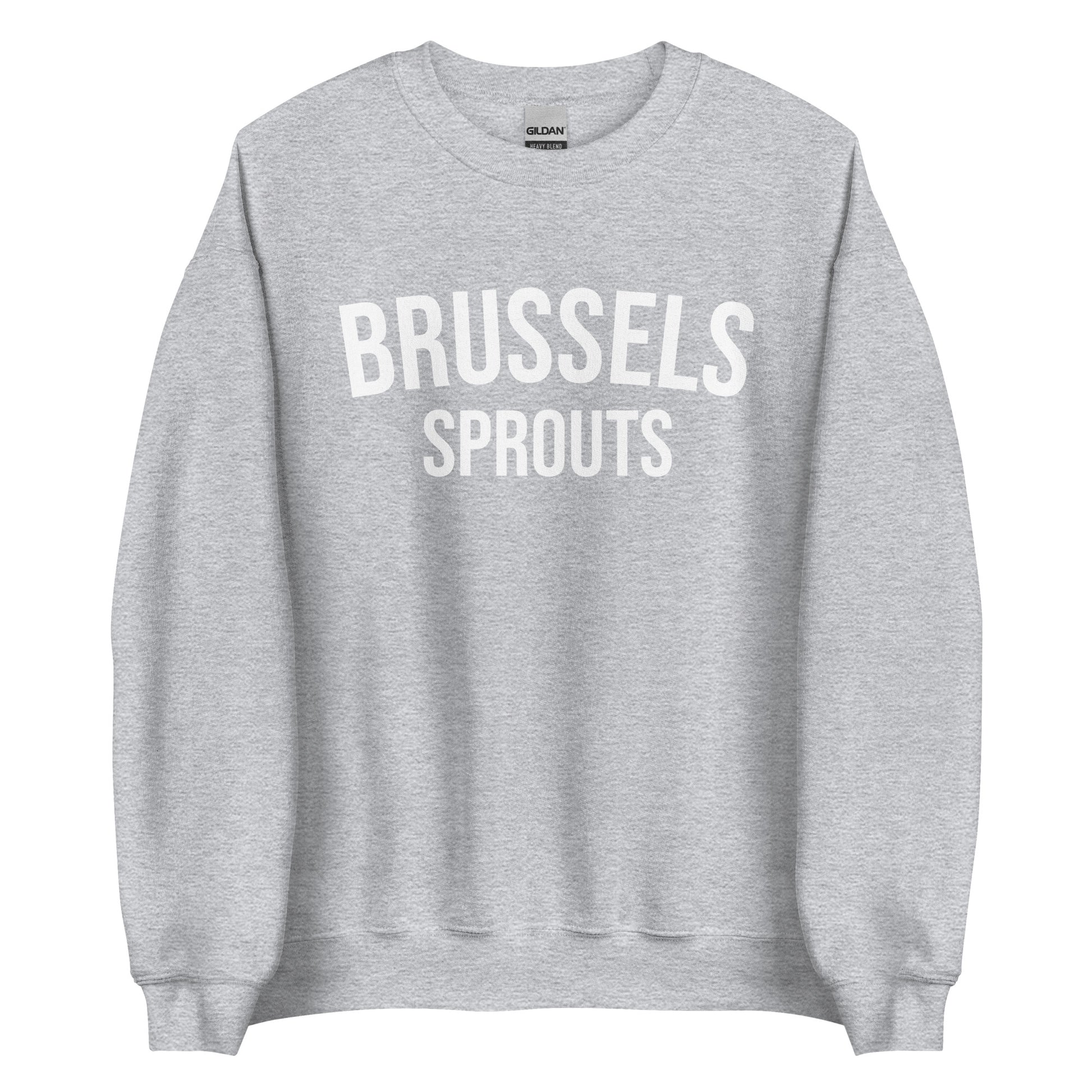 Light Gray Brussels Sprouts Sweatshirt from Nina's Funky Shop by ninanush - Do you love Brussels sprouts? Looking for a funny foodie gift? Our Brussels Sprouts Crewneck Sweatshirt is just what you need. It's a unisex unique sweatshirt with "Brussels Sprouts" on the front. A funny foodie sweatshirt for Brussels Sprouts enthusiasts. This varsity style pickle sweatshirt is designed by Nina.