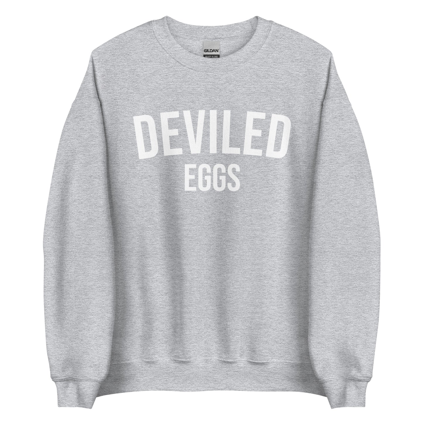 Light Gray Deviled Eggs Sweatshirt from Nina's Funky Shop by ninanush - Do you love deviled eggs? Looking for a funny gift for a friend? Our Deviled Eggs Crewneck Sweatshirt is just what you need. It's a unisex weird foodie sweatshirt with "deviled eggs" on the front. A funny foodie sweatshirt for deviled egg lovers. This funny varsity style sweatshirt is designed by Nina.