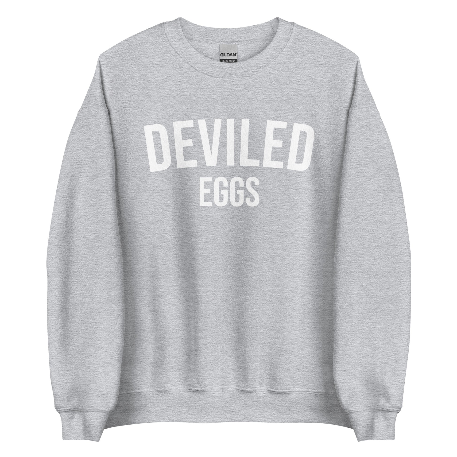 Light Gray Deviled Eggs Sweatshirt from Nina's Funky Shop by ninanush - Do you love deviled eggs? Looking for a funny gift for a friend? Our Deviled Eggs Crewneck Sweatshirt is just what you need. It's a unisex weird foodie sweatshirt with "deviled eggs" on the front. A funny foodie sweatshirt for deviled egg lovers. This funny varsity style sweatshirt is designed by Nina.