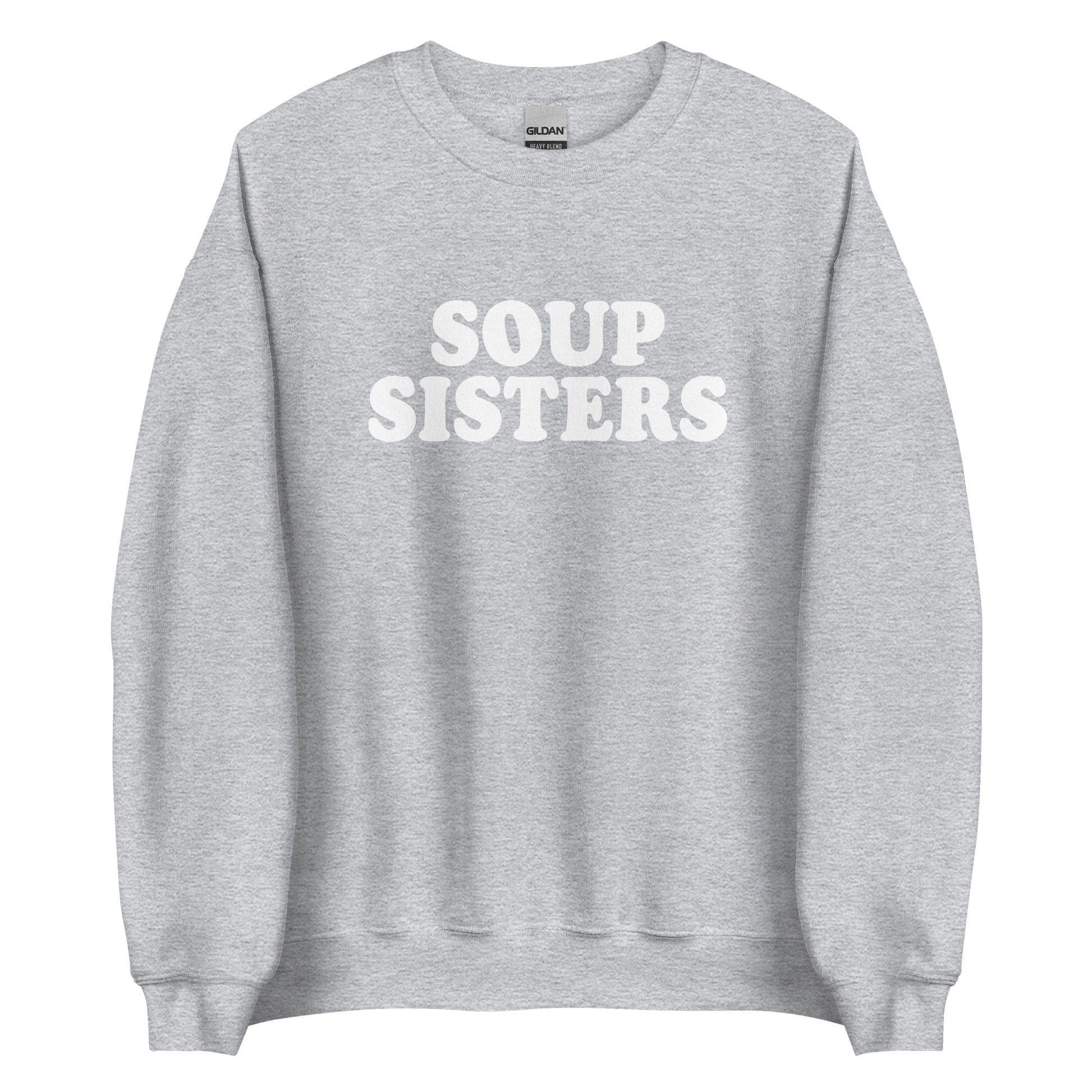 Light Gray Soup Sisters Sweatshirt from Nina's Funky Shop by ninanush - Do you love soup? Looking for a funny gift for your sister? Our Soup Sisters Crewneck Sweatshirt is just what you need. It's a unisex funny sisters sweatshirt with "soup sisters" on the front. A funny foodie sweatshirt for soup enthusiasts and foodie gift for sisters. This varsity style sweatshirt is designed by Nina, just for you.