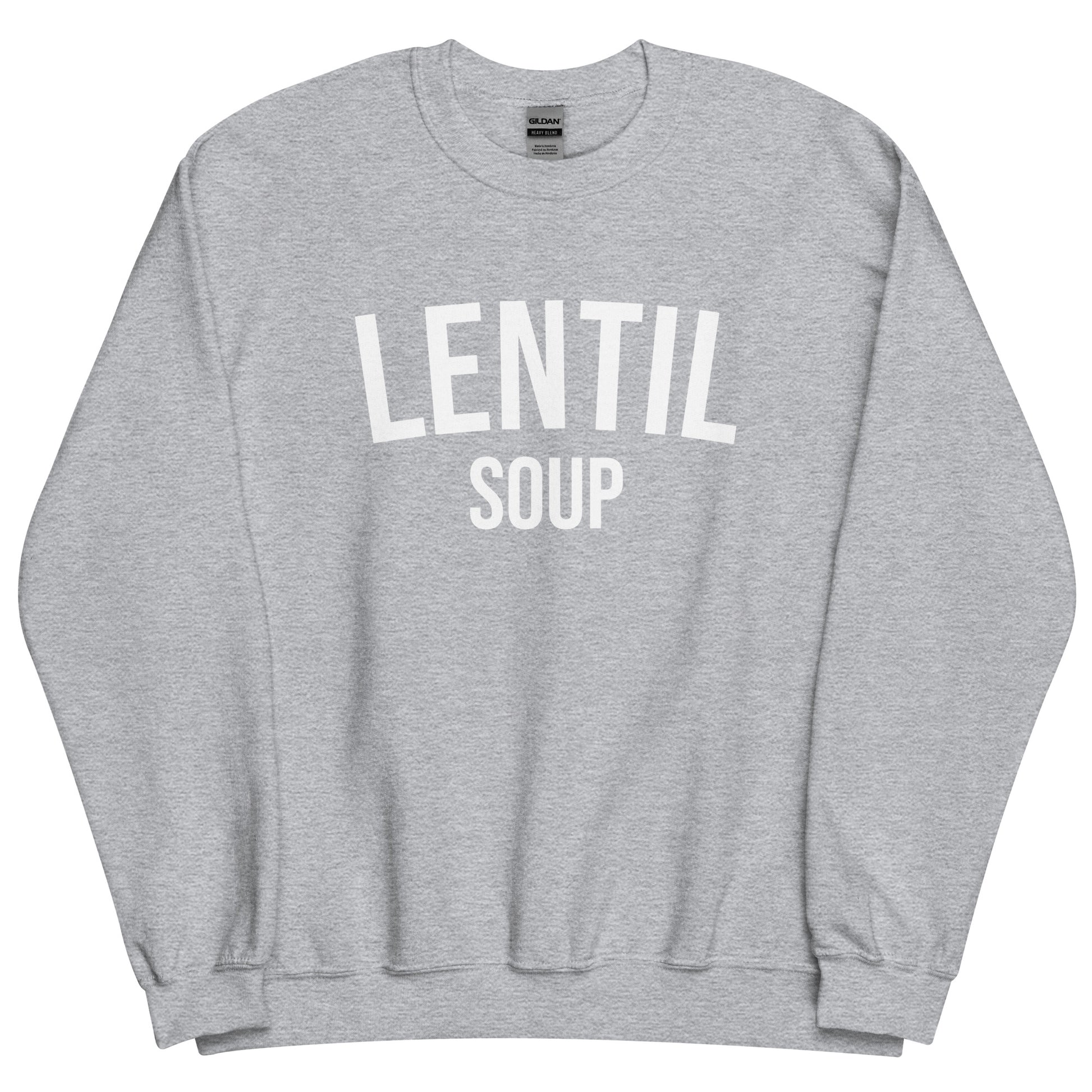 Light Gray Lentil Soup Sweatshirt from Nina's Funky Shop by ninanush - Do you love lentil soup? Looking for a funny gift? Our Lentil Soup Crewneck Sweatshirt is just what you need. It's a unisex soup lover sweatshirt with "lentil soup" on the front. A funny foodie sweatshirt for soup enthusiasts and a quirky sweatshirt foodies of all kinds. This varsity style sweatshirt is designed by Nina and made just for you.