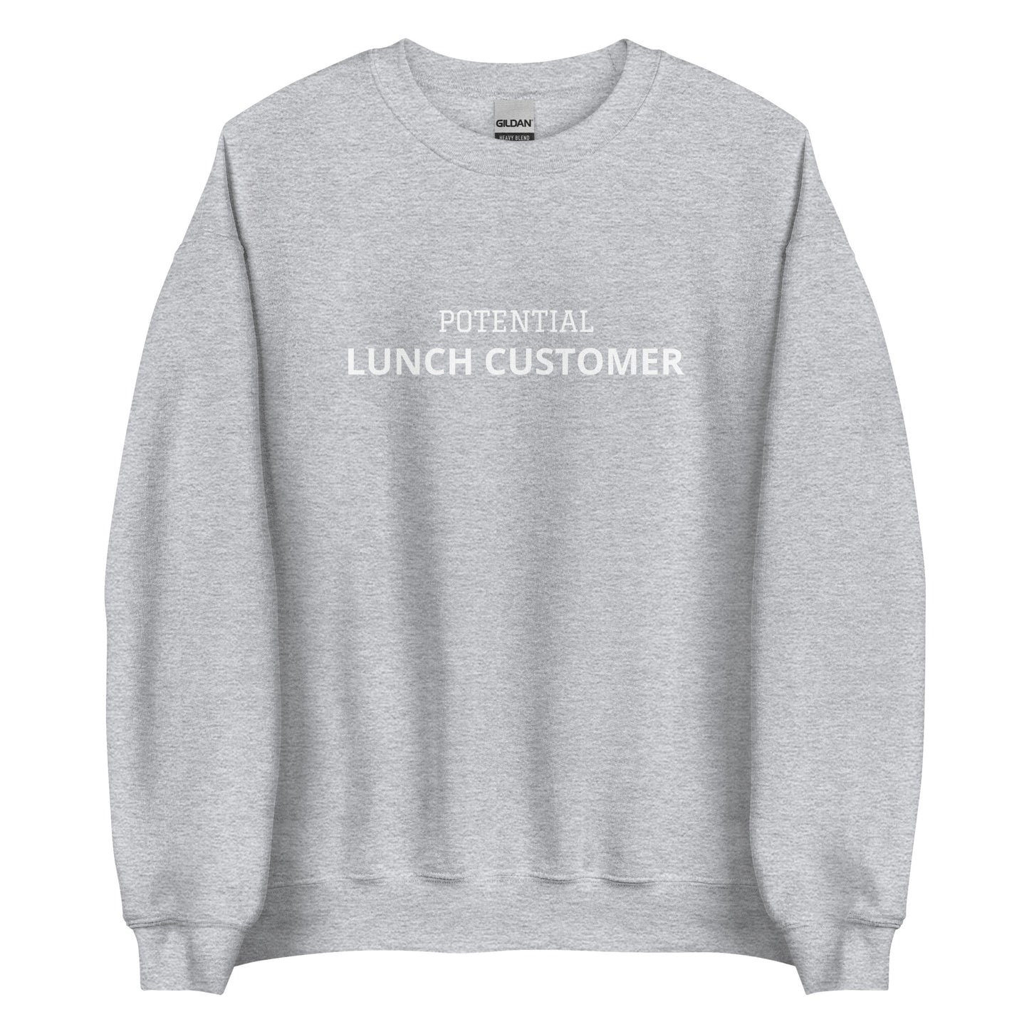 Light Gray Potential Lunch Customer Sweatshirt from Nina's Funky Shop by ninanush - Love lunch? Looking for a funny gift for a friend? Our Potential Lunch Customer Crewneck Sweatshirt is soft, comfortable and just what you need. It's a unisex sweatshirt that comes in a variety of colors with "Potential Lunch Customer", expertly printed on the front. A funny sweatshirt that's unique, designed by Nina and made just for you.