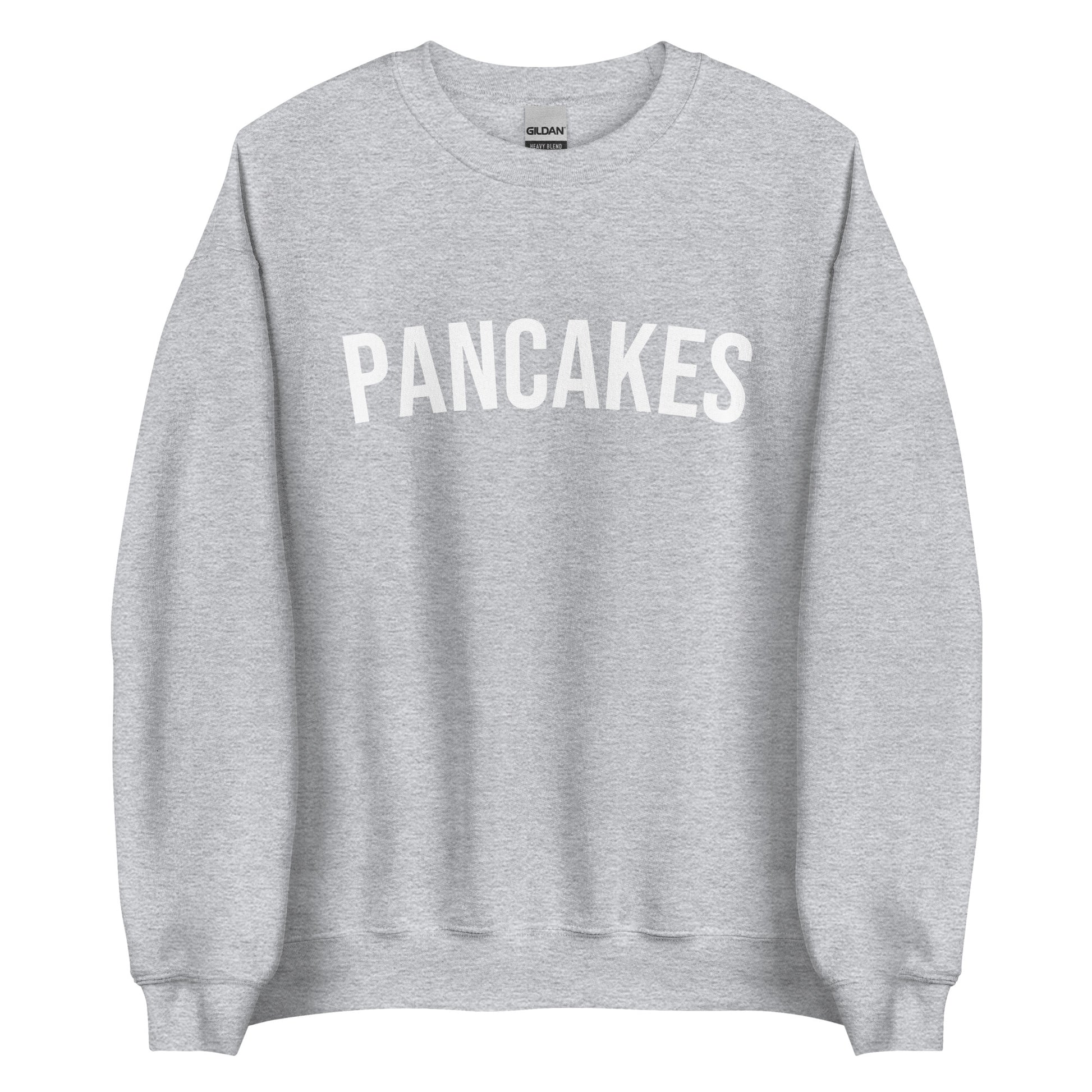 Light Gray Pancakes Sweatshirt from Nina's Funky Shop by ninanush - Do you love pancakes? Looking for a funny gift? Our pancakes Crewneck Sweatshirt is soft, comfortable and just what you need. It's a pancake lover sweatshirt with "pancakes" on the front. A funny foodie sweatshirt for breakfast enthusiasts and foodies. This varsity style sweatshirt is designed by Nina and made just for you.