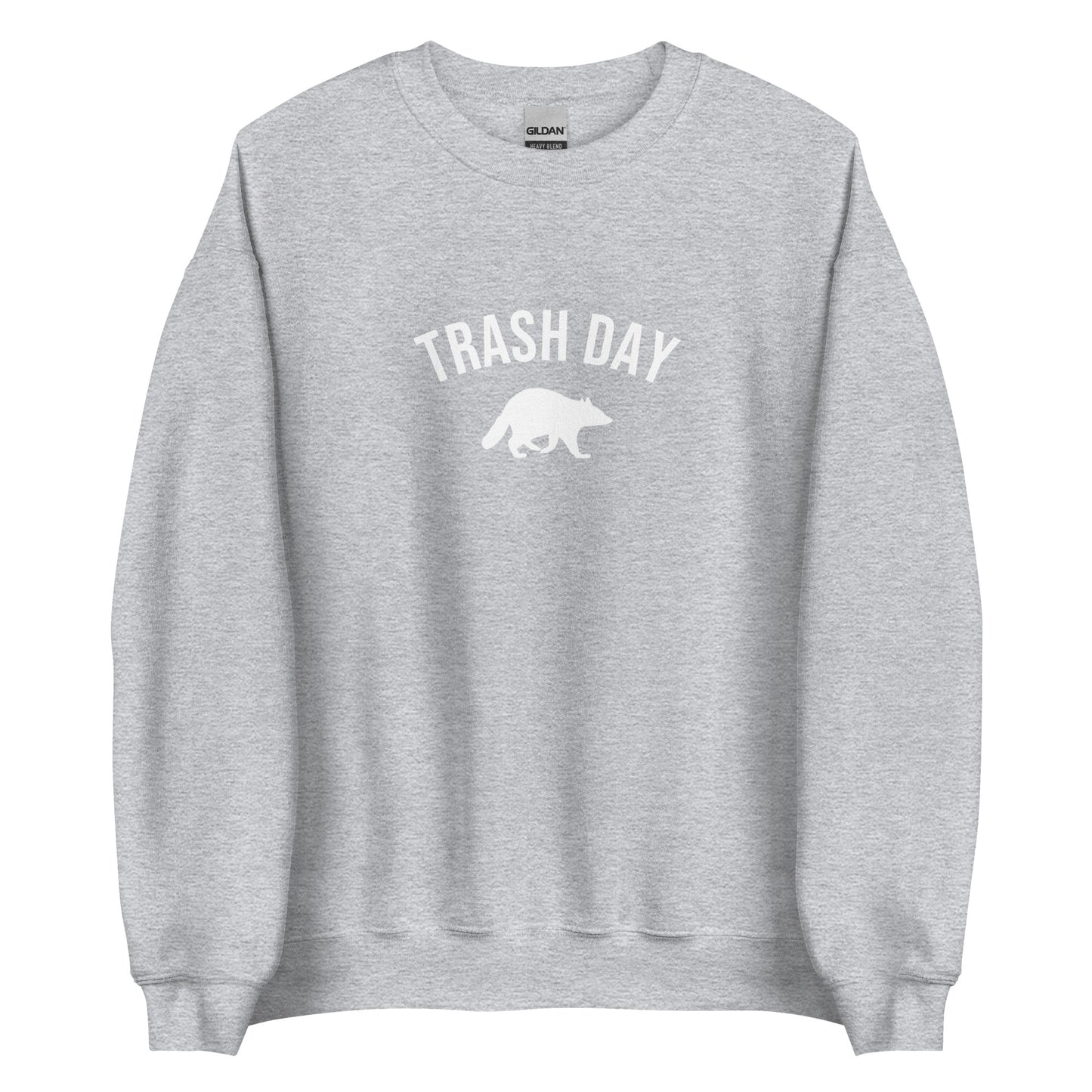 Light Gray Trash Day Raccoon Sweatshirt from Nina's Funky Shop by ninanush - Live every day like it's trash day Do you love raccoons? Looking for a funny gift? Our Trash Day Raccoon Crewneck Sweatshirt is soft, comfortable and just what you need. It's a unisex raccoon sweatshirt that comes in a variety of colors with "trash day" and a raccoon silhouette, expertly printed on the front.