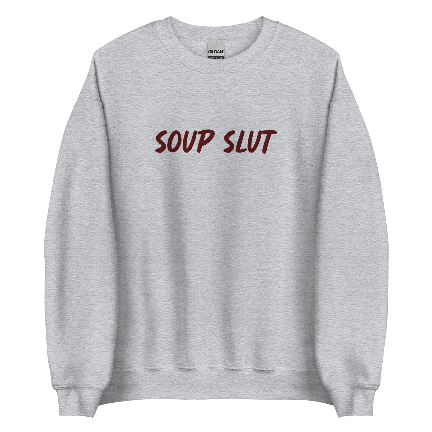 Light Gray Embroidered Soup Slut Sweatshirt from Nina's Funky Shop by ninanush - Do you love soup? Looking for a funny gift? Our Soup Slut Embroidered Crewneck Sweatshirt is just what you need. It's a unisex soup sweatshirt with "soup slut" on the front. A funny foodie sweatshirt for cozy nights in or stand out streetwear for soup enthusiasts. This embroidered soup sweatshirt is made just for you. 