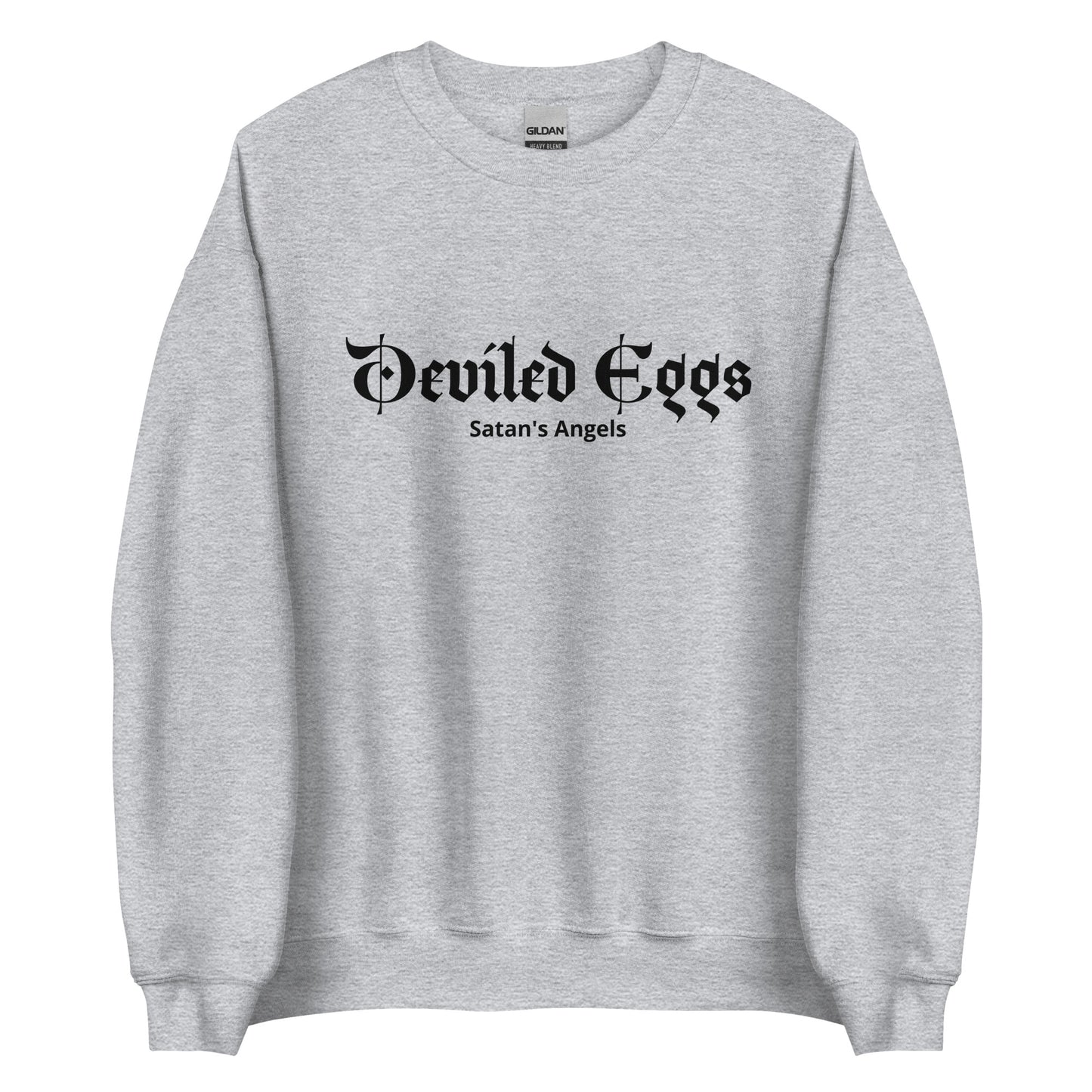 Light Gray Deviled Eggs Crewneck Sweatshirt from Nina's Funky Shop by ninanush - Do you love deviled eggs? Looking for a funny foodie gift? Our Deviled Eggs Crewneck Sweatshirt is soft, comfortable and just what you need. It's a unisex sweatshirt that comes in a variety of colors with "Deviled Eggs Satan's Angels", expertly printed on the front. A funny foodie sweatshirt for deviled egg enthusiasts and a quirky sweatshirt for everyday streetwear.