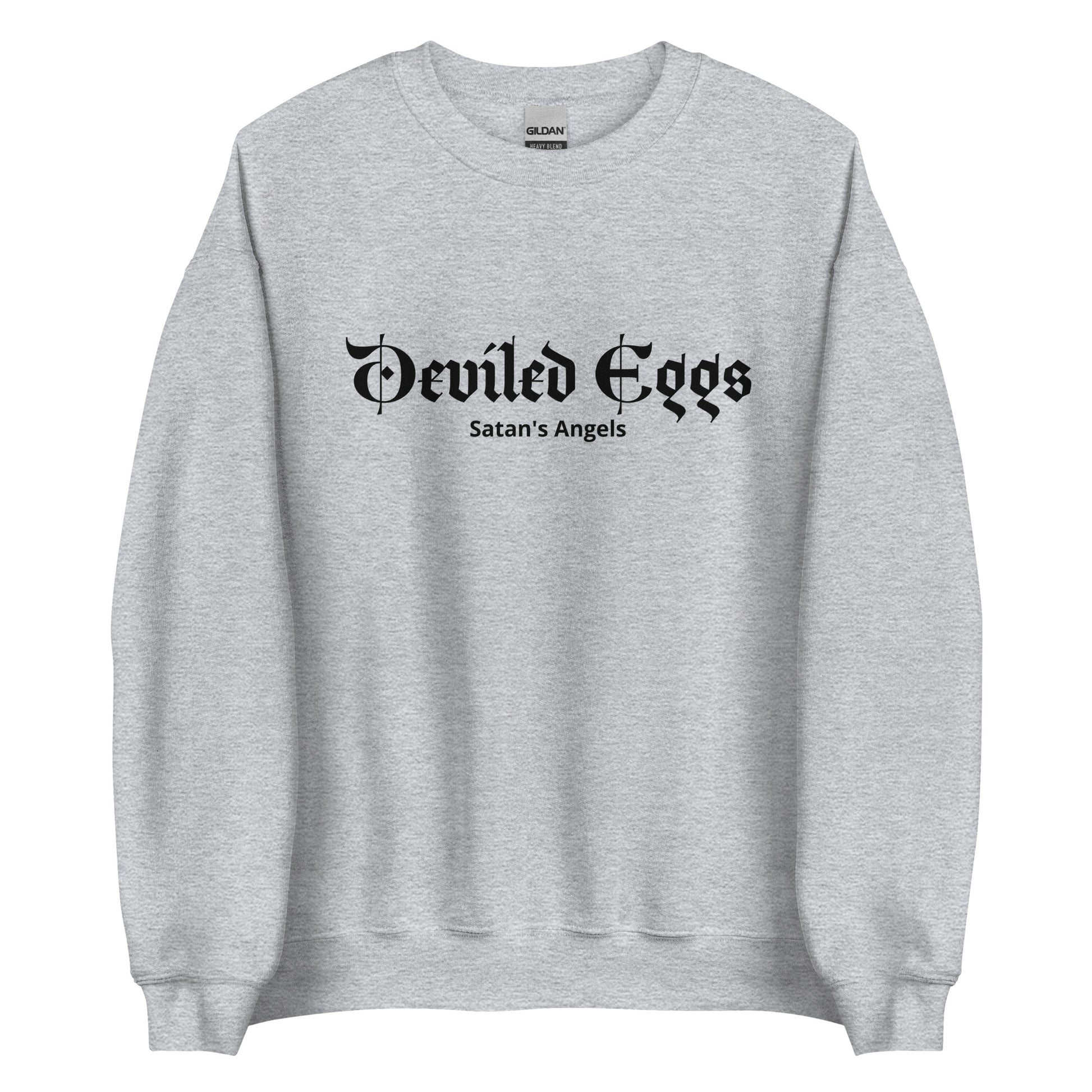 Light Gray Deviled Eggs Crewneck Sweatshirt from Nina's Funky Shop by ninanush - Do you love deviled eggs? Looking for a funny foodie gift? Our Deviled Eggs Crewneck Sweatshirt is soft, comfortable and just what you need. It's a unisex sweatshirt that comes in a variety of colors with "Deviled Eggs Satan's Angels", expertly printed on the front. A funny foodie sweatshirt for deviled egg enthusiasts and a quirky sweatshirt for everyday streetwear.